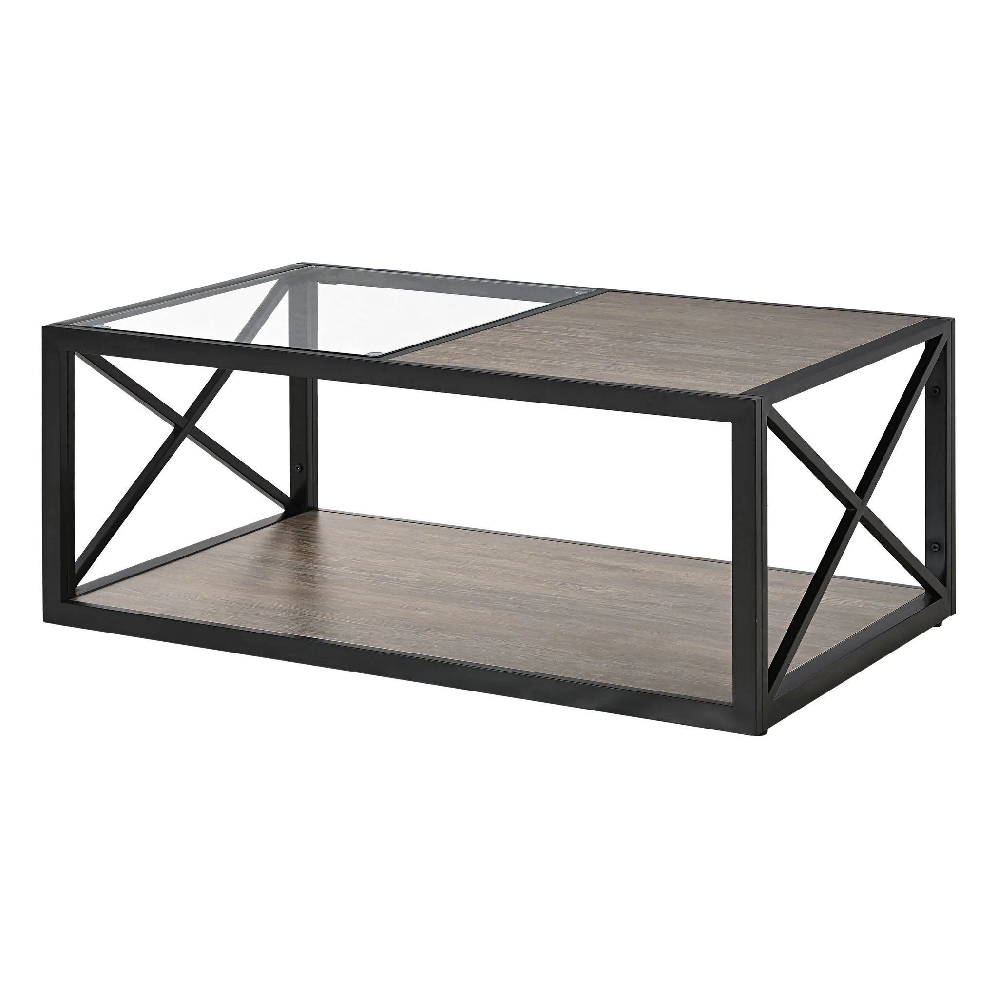 Industrial Style Coffee Table For Bedroom & Living Room With Tempered Glass & Wood Grain - Wood - Image 9