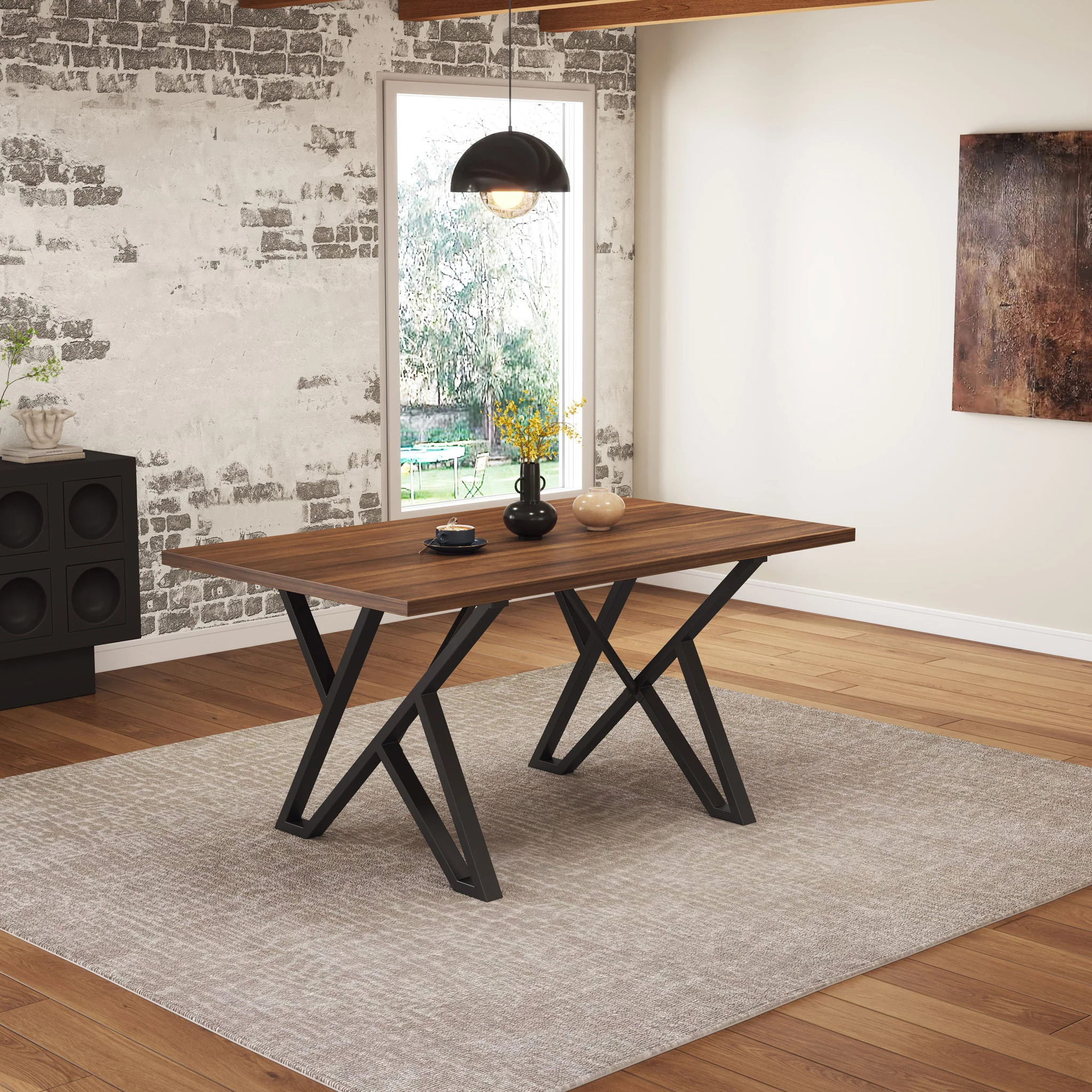 Industrial Style Indoor Dining Table With Metal Legs - Walnut / Black - Image 9