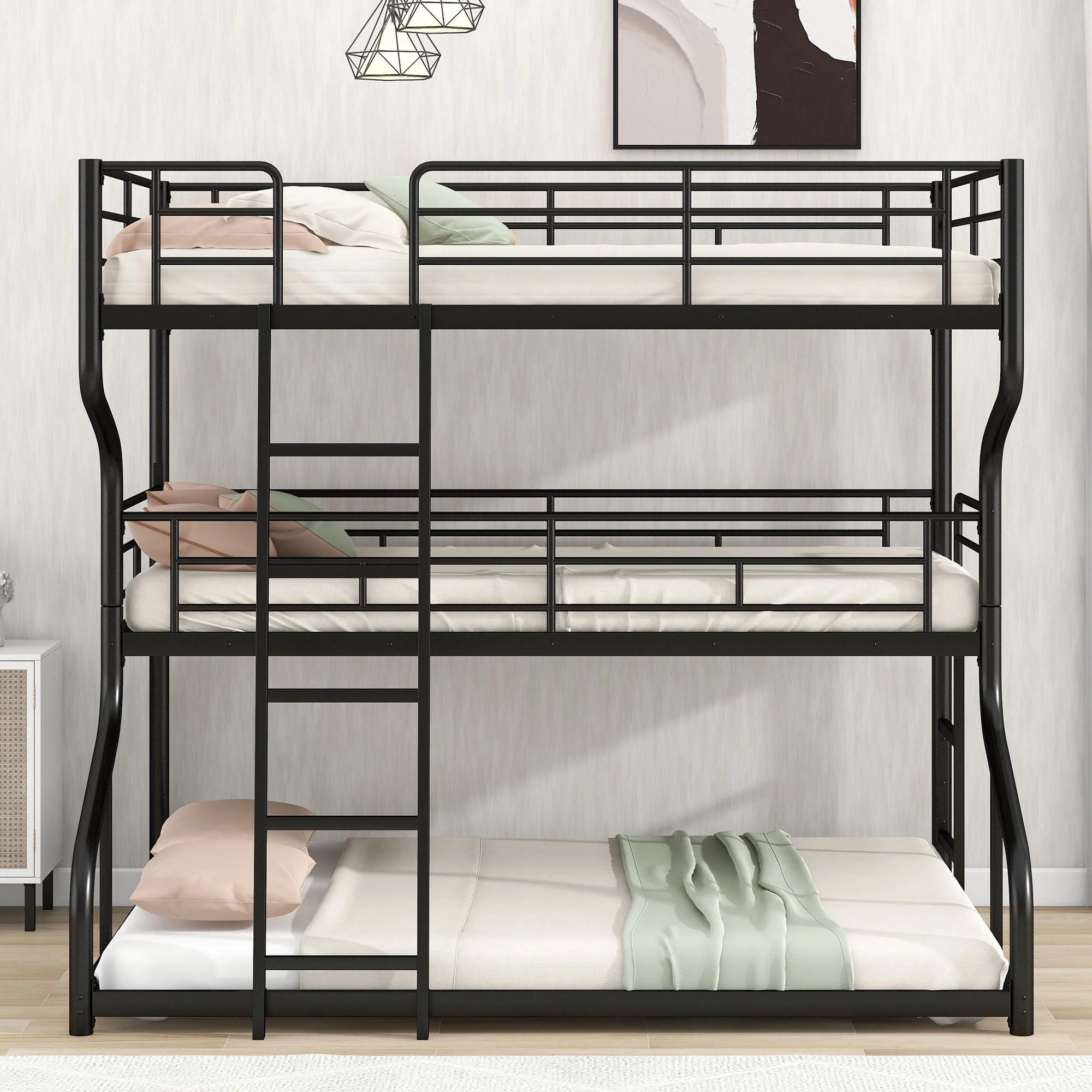 Industrial Triple Bunk Bed With Dual Ladders Frame, Space Saving Design - Image 15