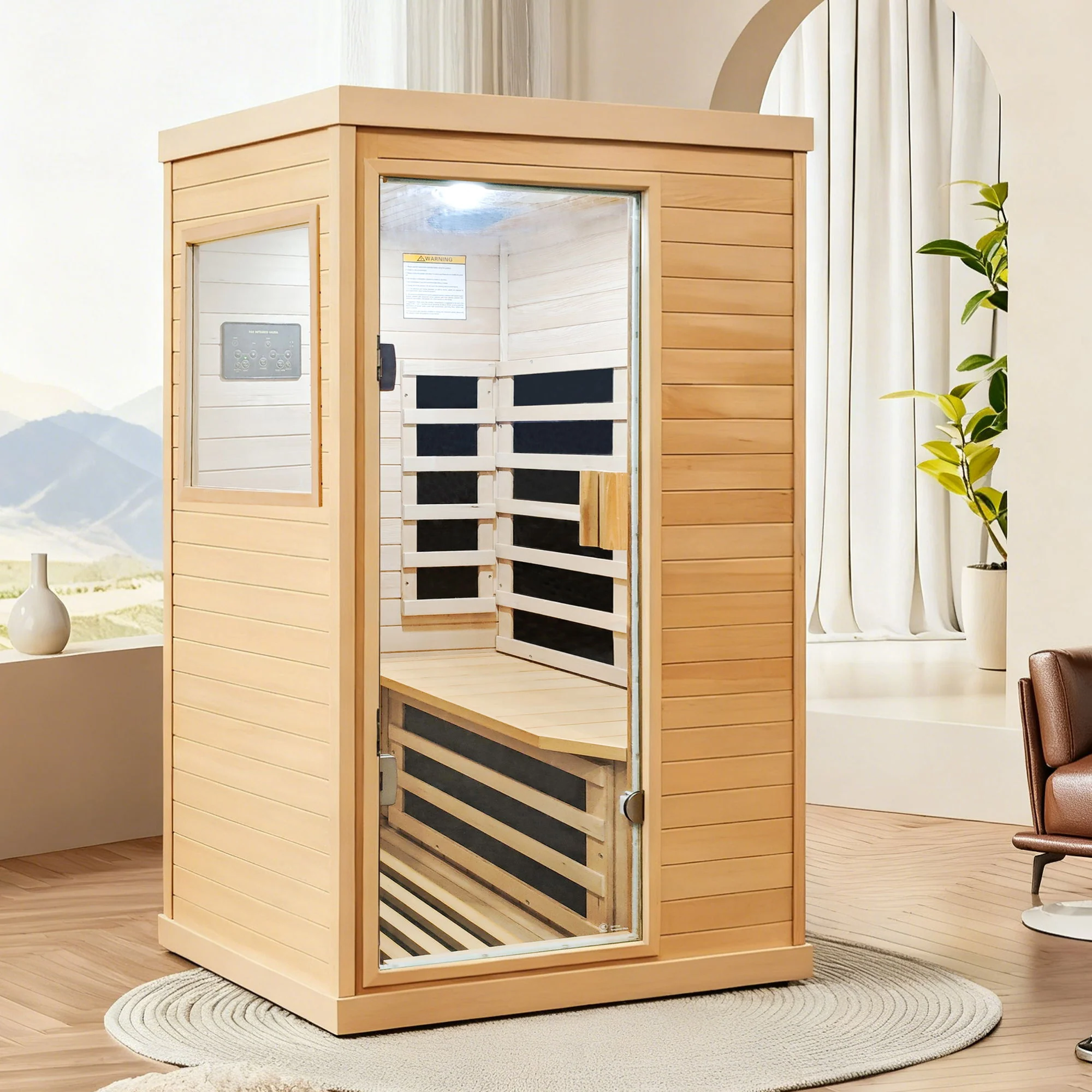 Infrared Sauna Room Single Room With Hemlock Frame, 6 Heating Plates, Built-In Lights And Bluetooth Audio - Natural - Image 9