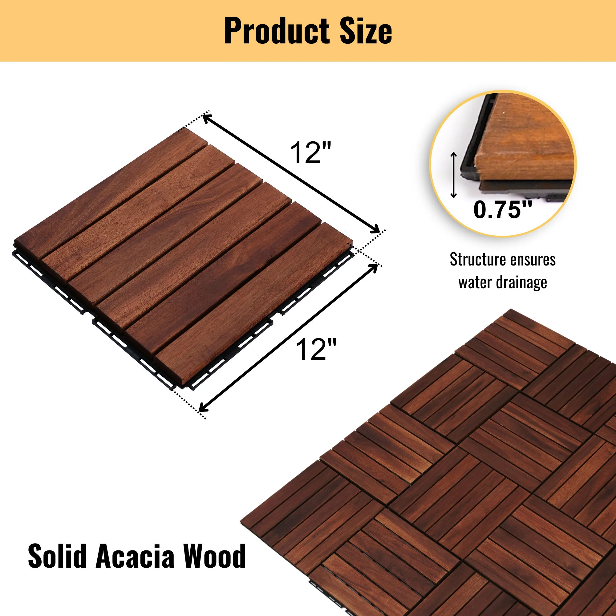 Interlocking Deck Tiles Striped Pattern, Square Acacia Hardwood Outdoor Flooring For Patio, Bancony, Pool Side - Image 18
