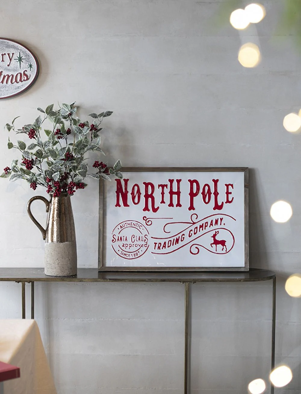 Iron / Wood North Pole Trading Company Wall Sign, For Christmas Holiday Table Wall Decor - White / Red - Image 2
