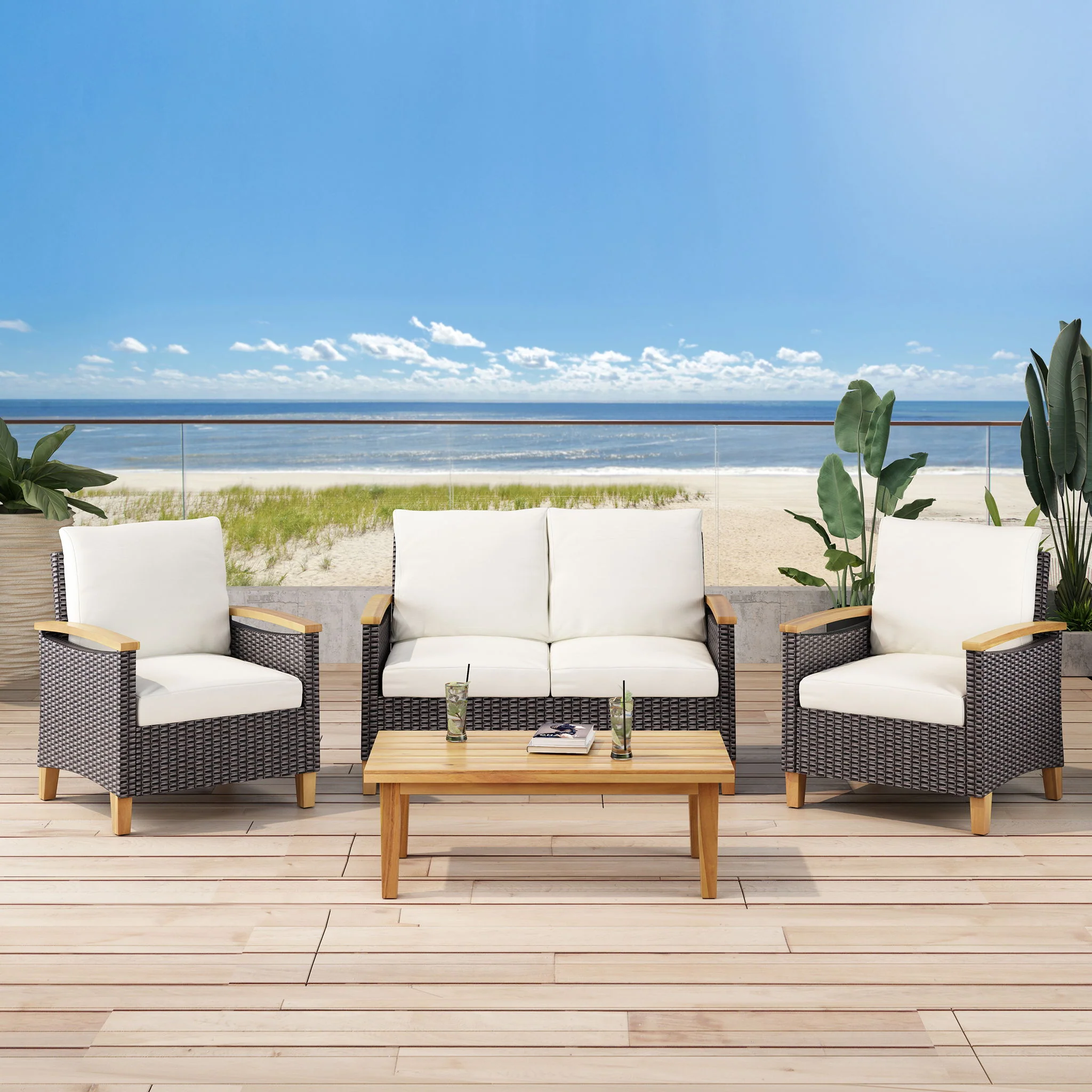 Isla - Transitional Chat Set With Water Resistant Cushions - Teak - Image 7