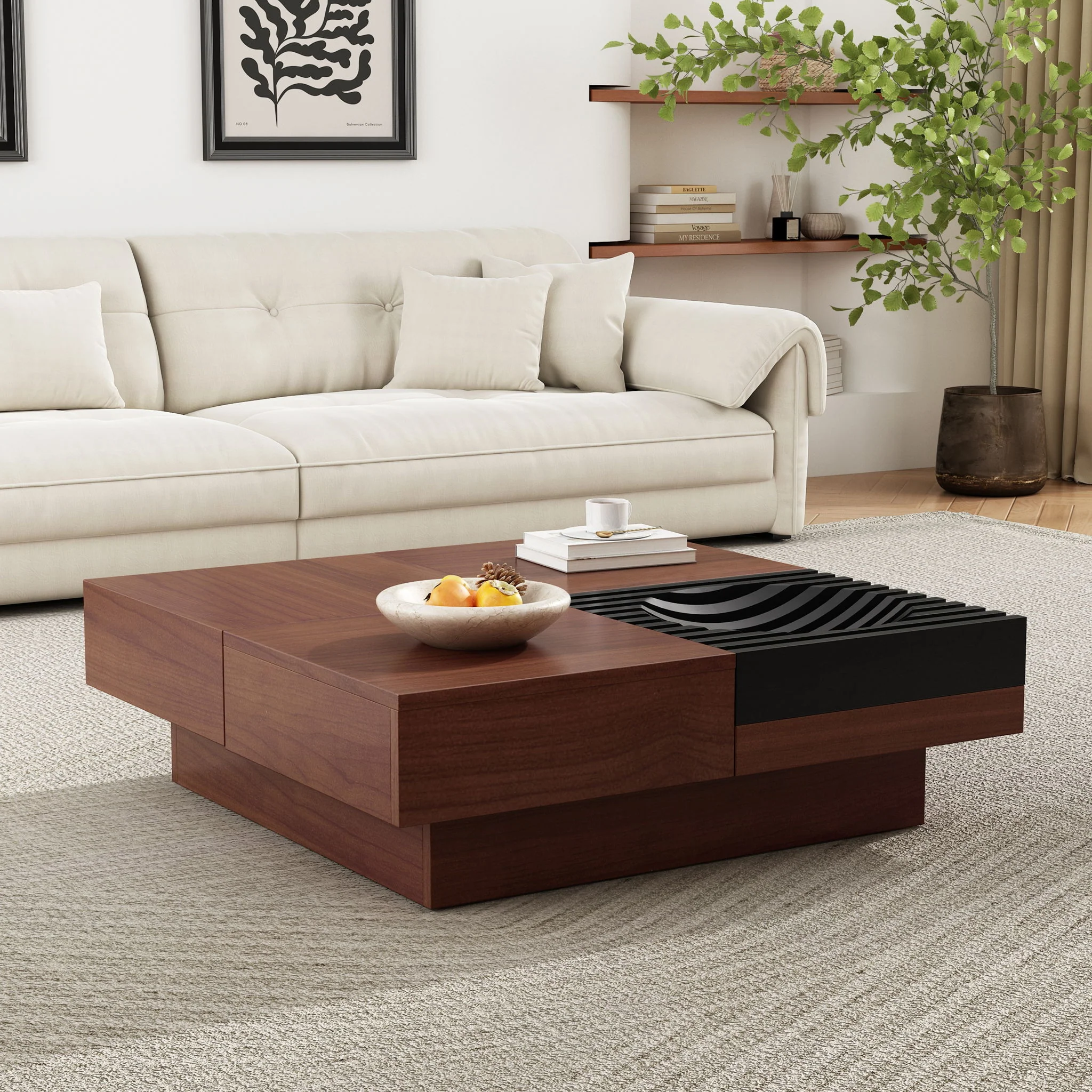 Italian Retro Inspired Acacia Wood Storage Coffee Table - Brown / Black - Image 8