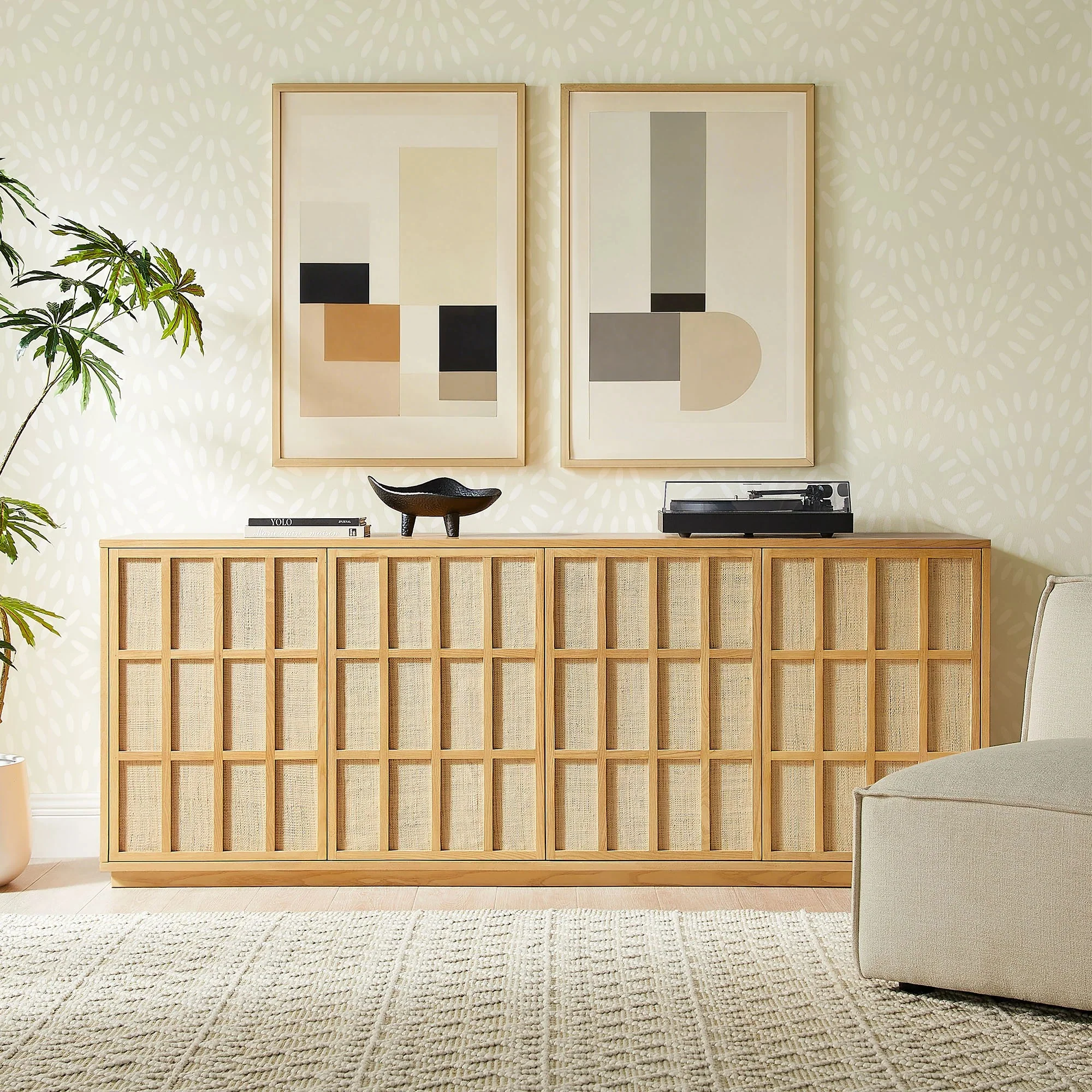 Japandi Sideboard Storage Cabinet with Woven Doors – Light Oak 76 Inch - Image 3