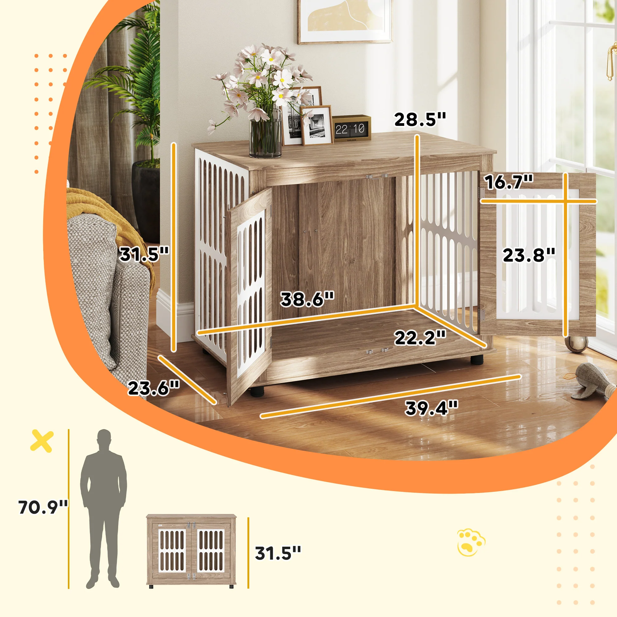 Jasper 39-Inch Furniture-Style Dog Crate with Chew-Resistant Mesh and Adjustable Feet - Image 3