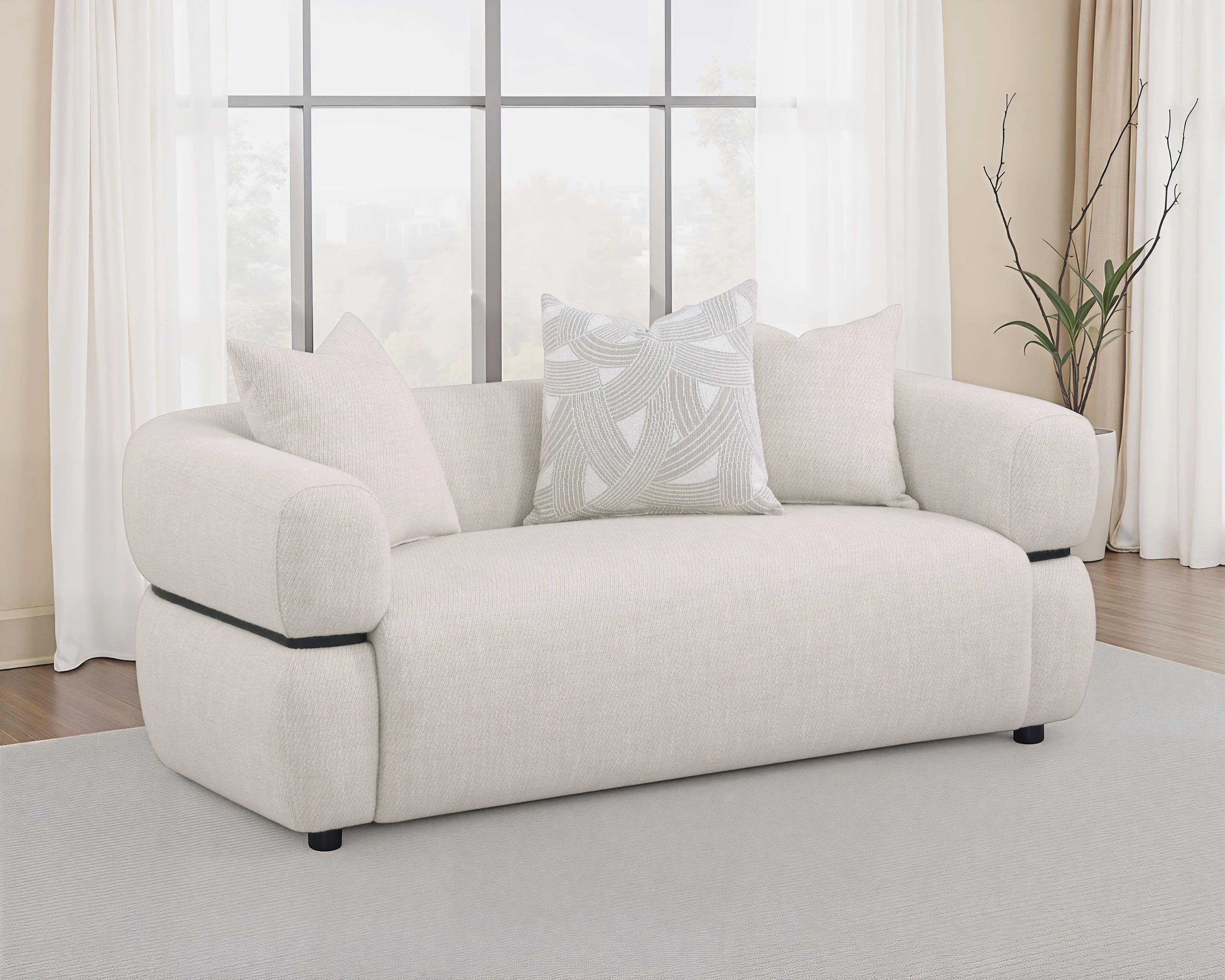 Jeanette 73-Inch Beige Fabric Upholstered Round Arm Loveseat - Image 3