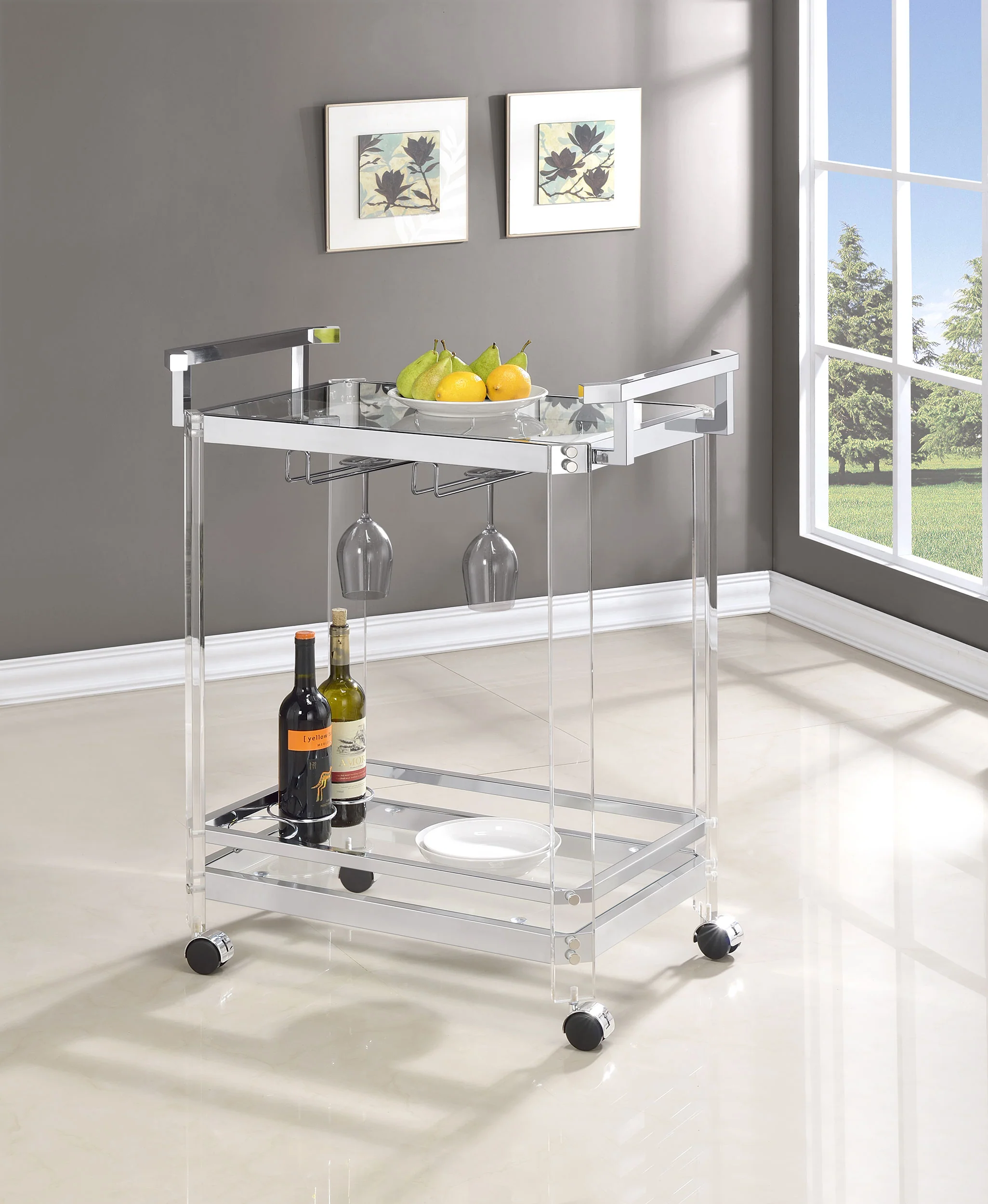 Jefferson 2-Tier Glass Shelf Acrylic Bar Cart Chrome - Image 2