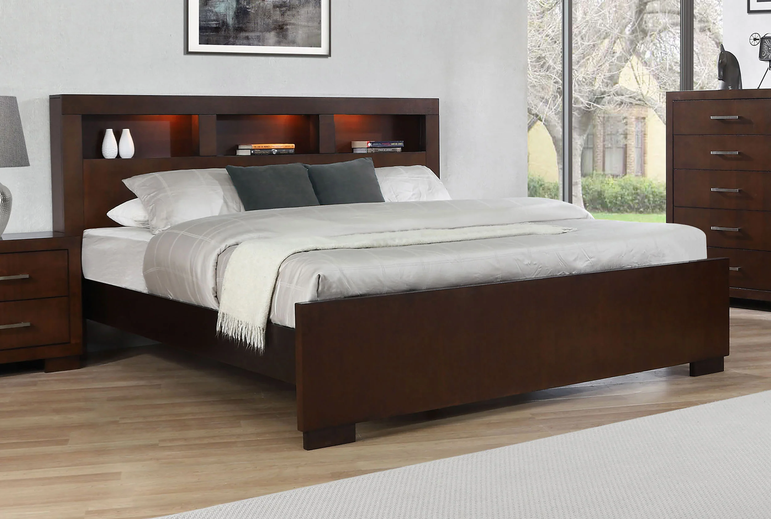 Jessica Wood Queen LED Storage Bookcase Bed Cappuccino - Image 4