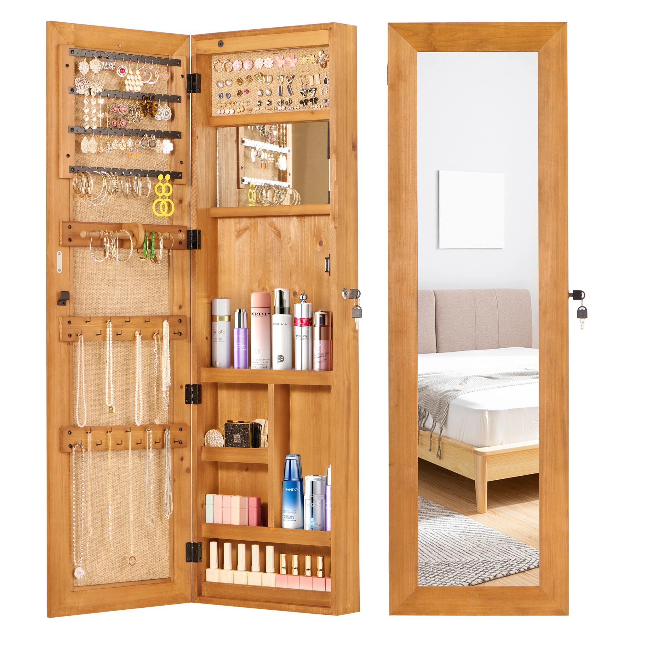 Jewelry Armoire Organizer With Full Length Mirror, Wall Mounted Lockable Cabinet With LED Light - Image 17