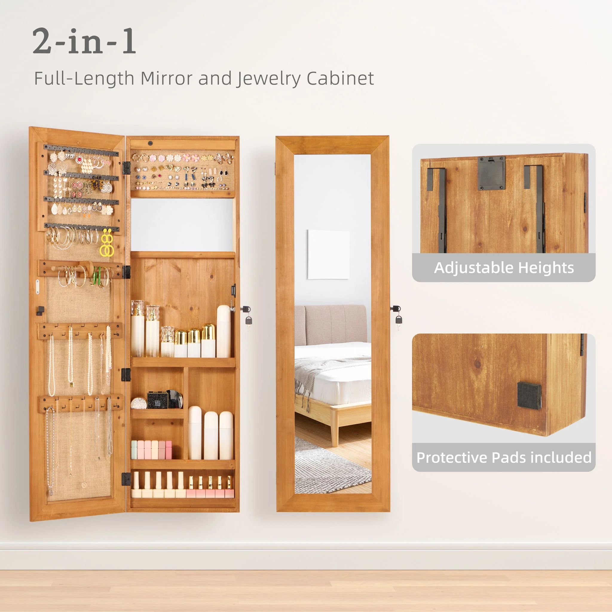 Jewelry Armoire Organizer With Full Length Mirror, Wall Mounted Lockable Cabinet With LED Light - Image 7