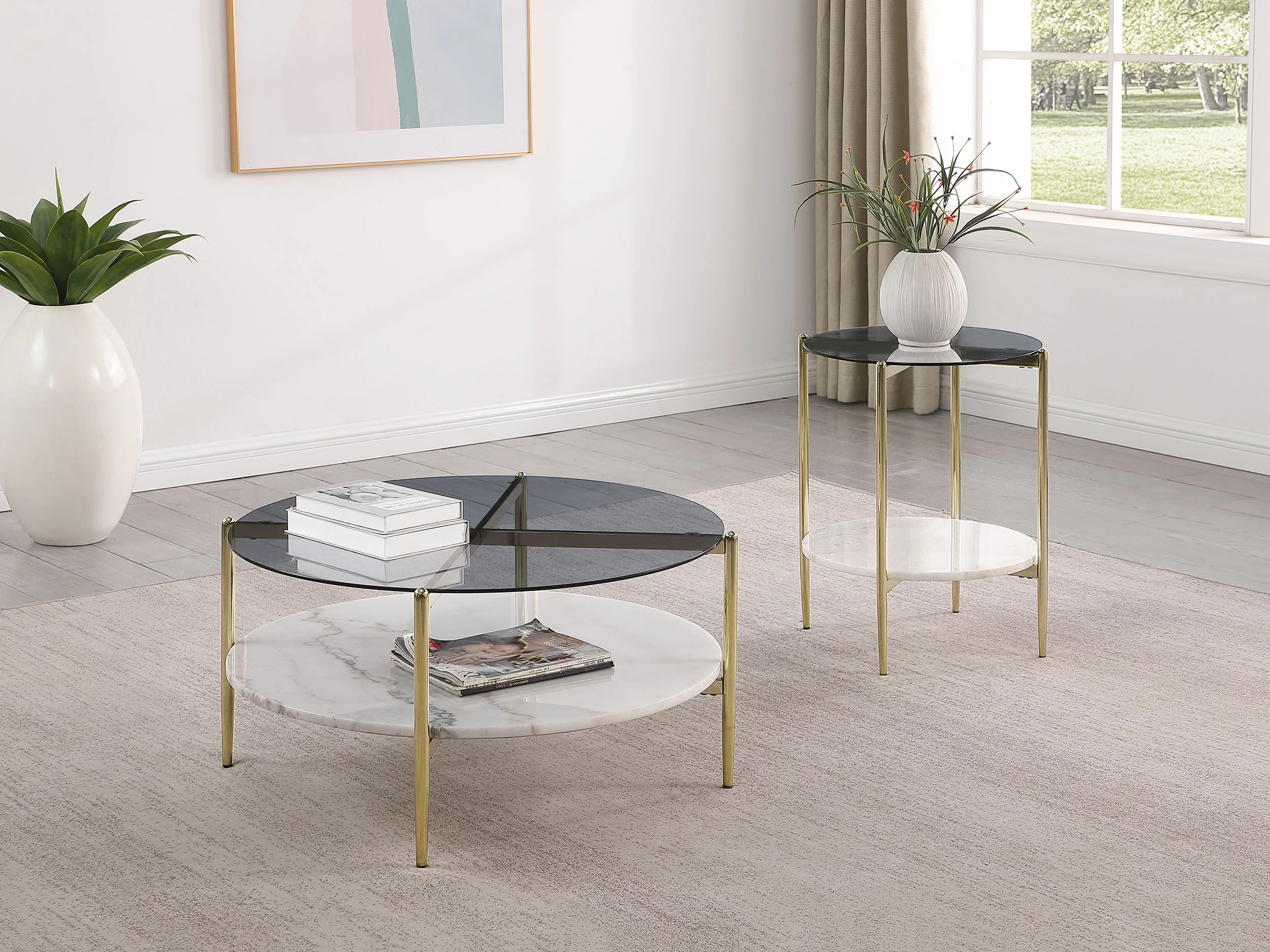 Jonelle Round Glass Top Coffee Table with White Marble Shelf - Image 7