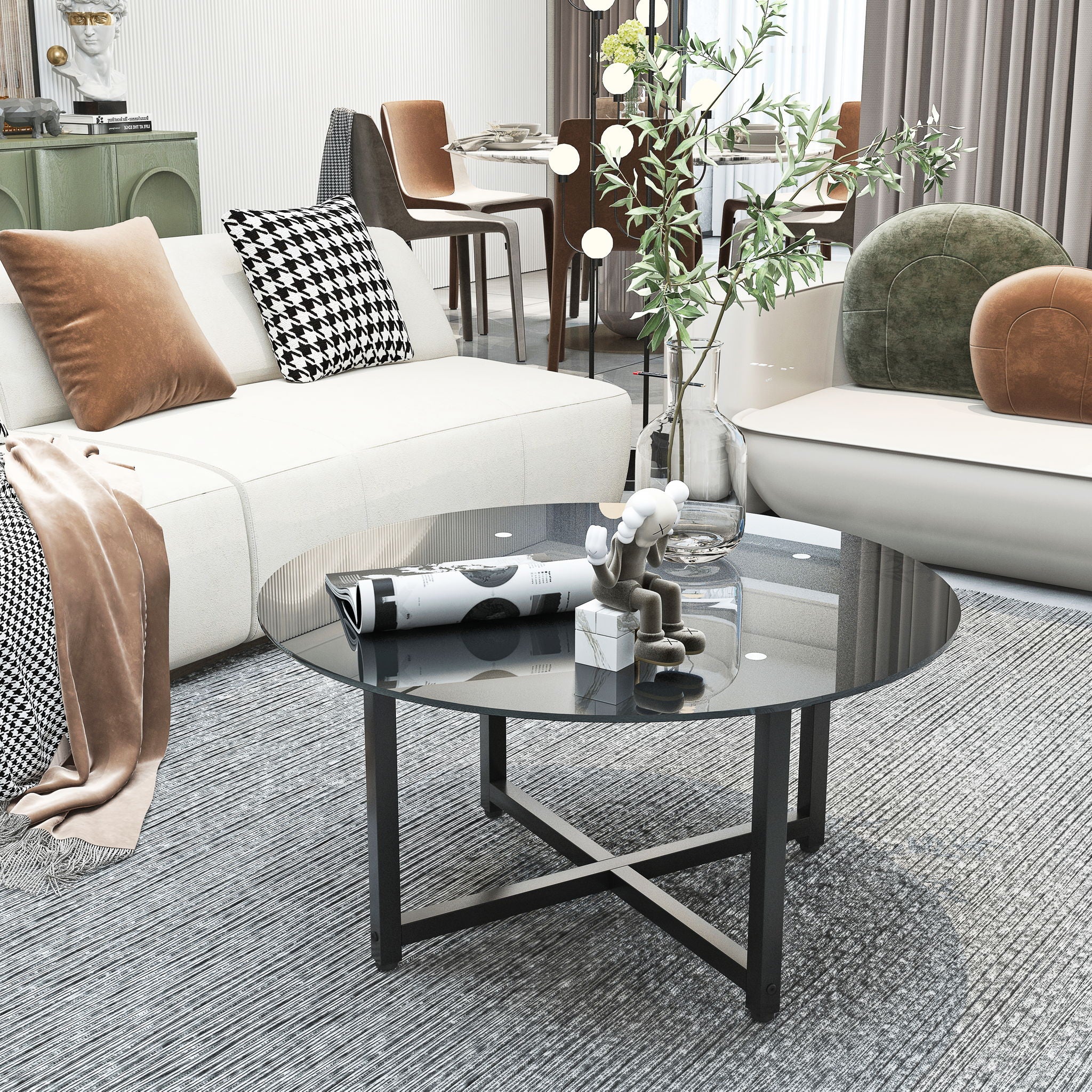 JWS Round Glass Coffee Table, Clear Coffee Table, Modern Side Center Tables For Living Room - Image 2