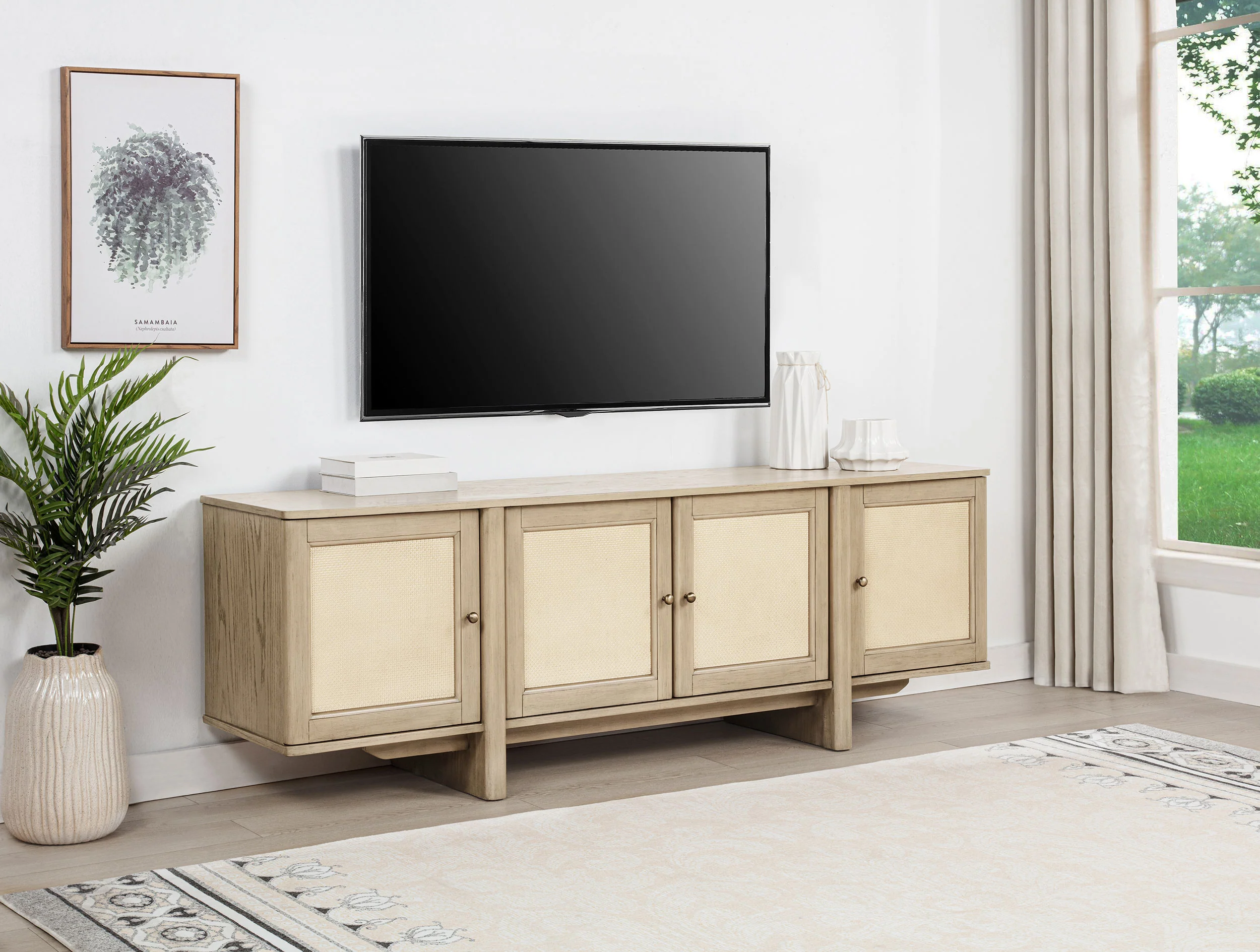 Kailani 79-Inch 4-Door Cane TV Stand, Beige Oak - Image 2