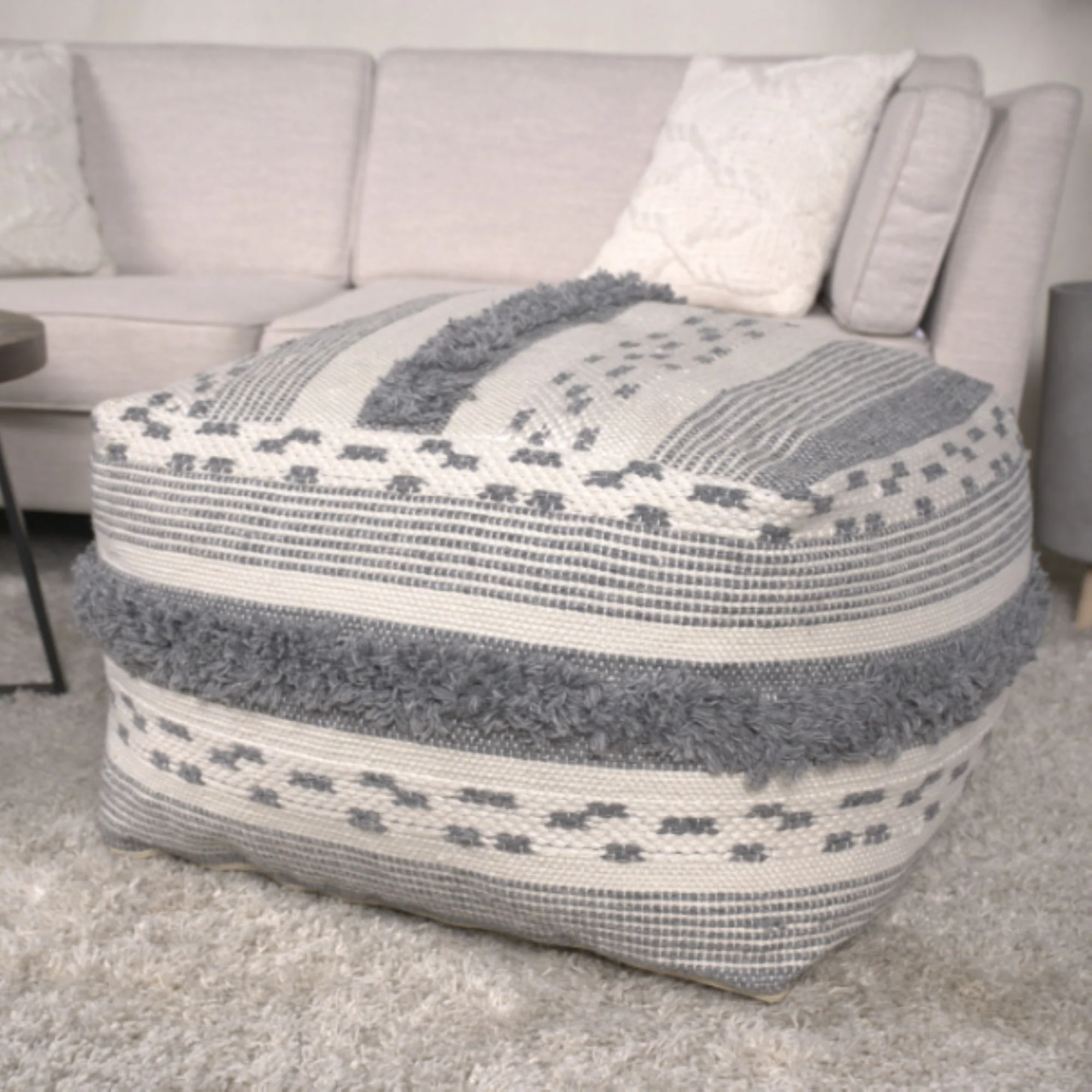 Karim - Faux Yarn Large Pouf, Durable - Ivory / Gray - Image 2