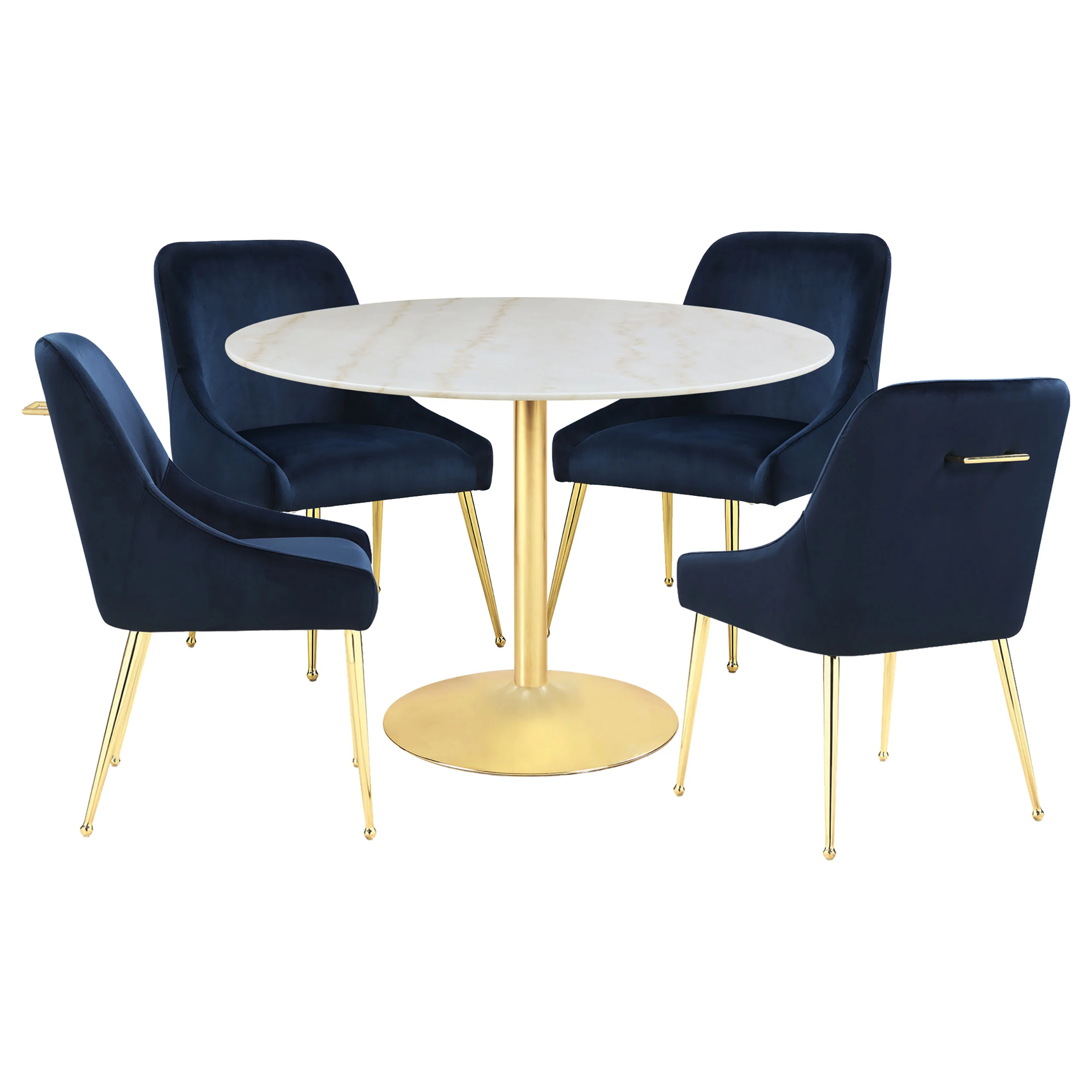 Kella 5-Piece Round Marble Top Dining Set, White and Gold - Image 4