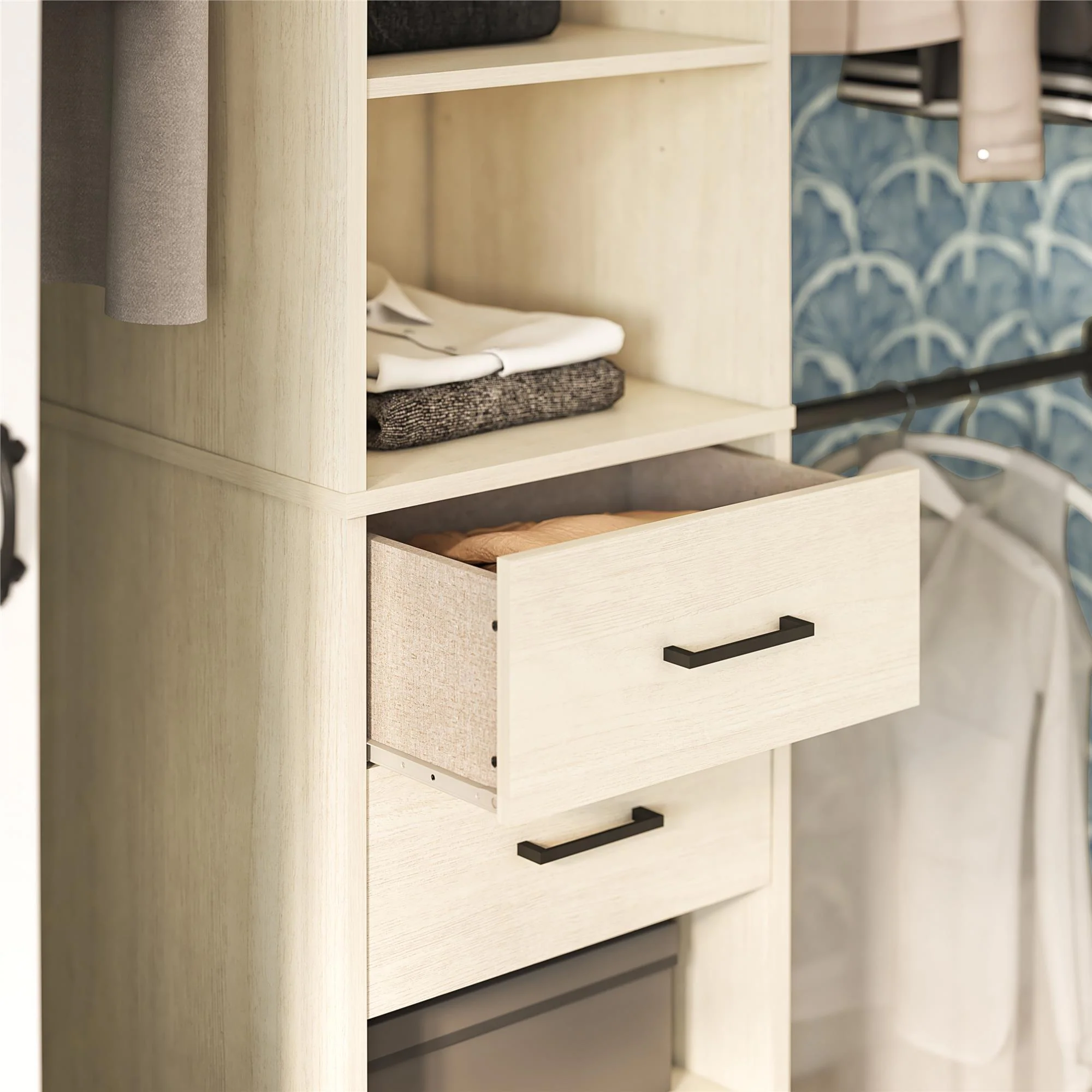 Kelly - 5 Shelf 2 Drawer Closet Organizer With 3 Adjustable Hanging Rods - Ivory - Image 9