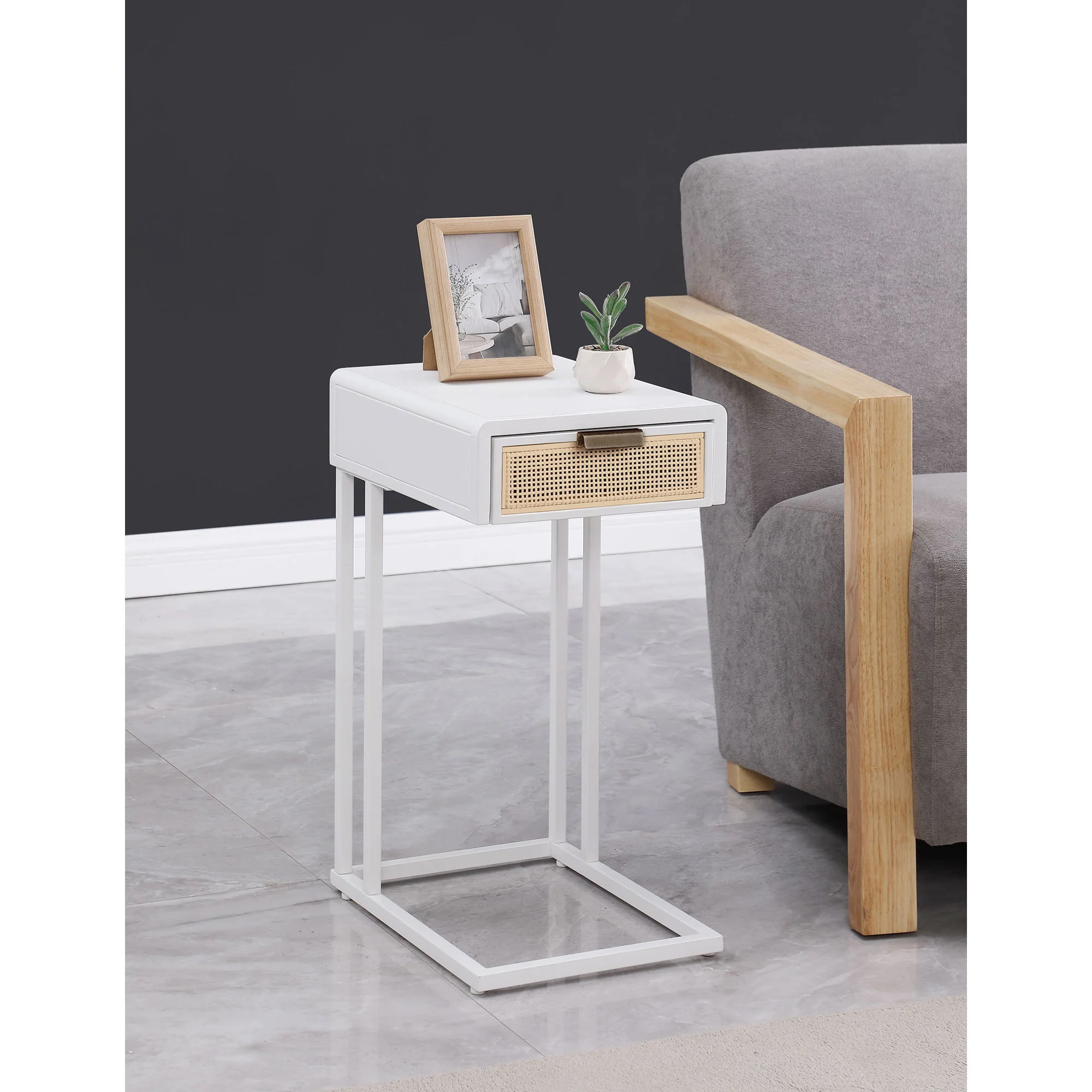 Kenneth - C Shape Side Table With Single Drawer - White - Image 7