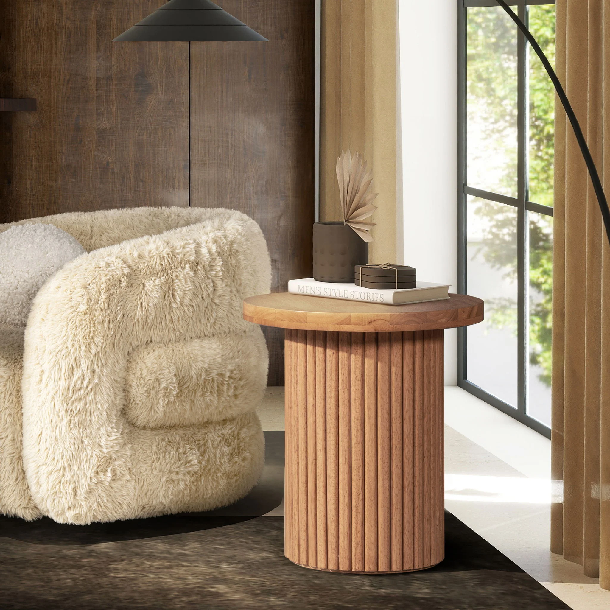 Kenzie - Fluted Pillar Round Accent Side Table - Light Natural Brown - Image 2