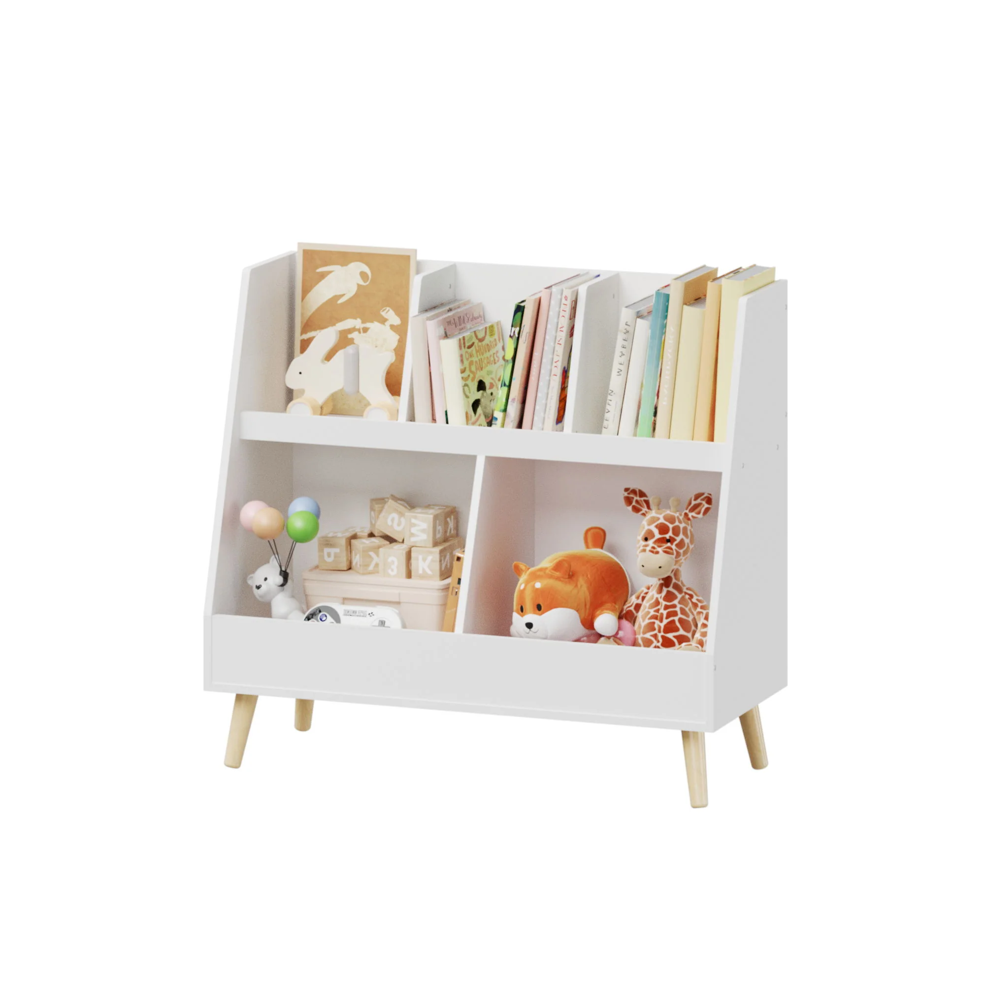 Kids Bookshelf And Toy Organizer, 5 Cubbies Wooden Open Bookcase, 2-Tier Baby Storage Display Organizer With Legs, Free Standing For Playing Room, Bedroom, Nursery, Classroom - White - Image 5