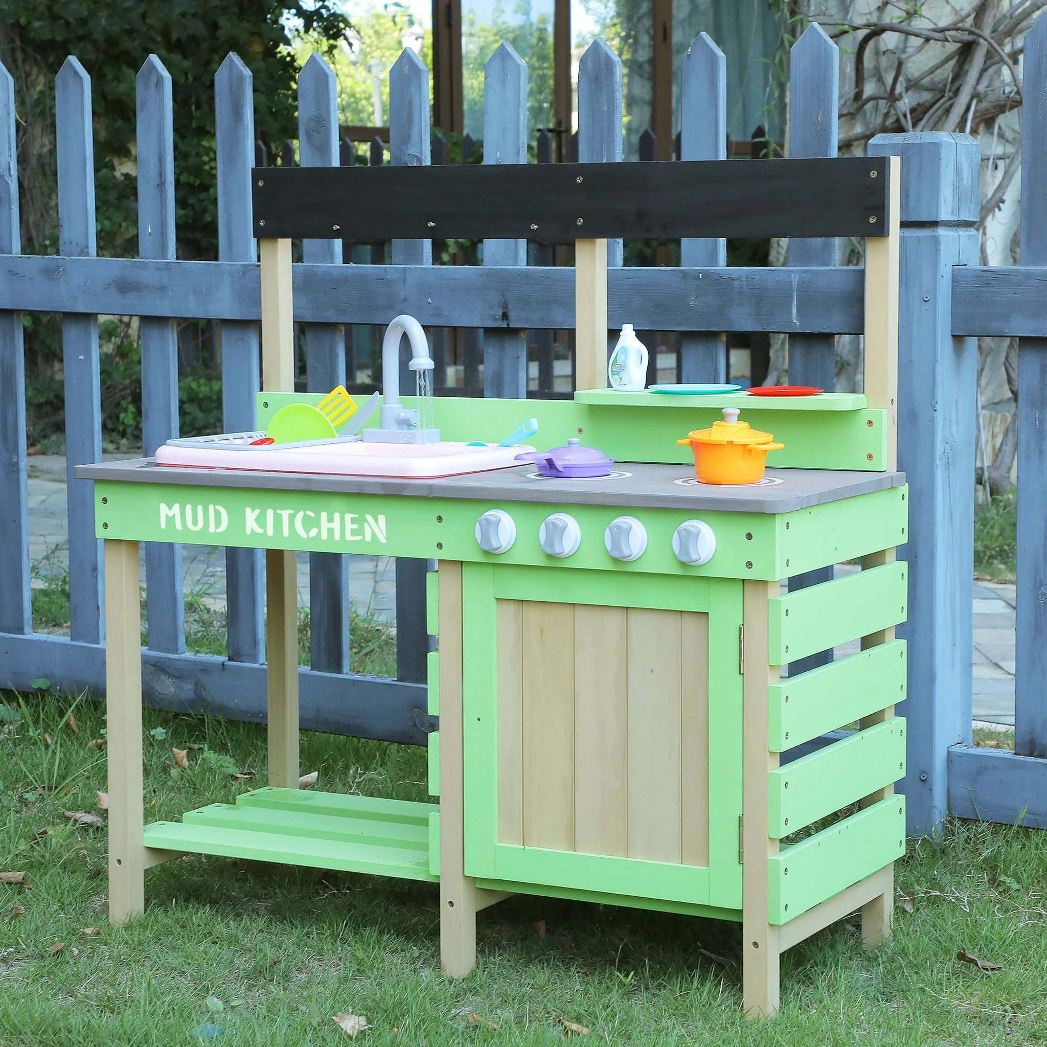 Kids Play Kitchen With Mud Kitchen Set & Water Play Toys For Outdoor Use - Green - Image 3
