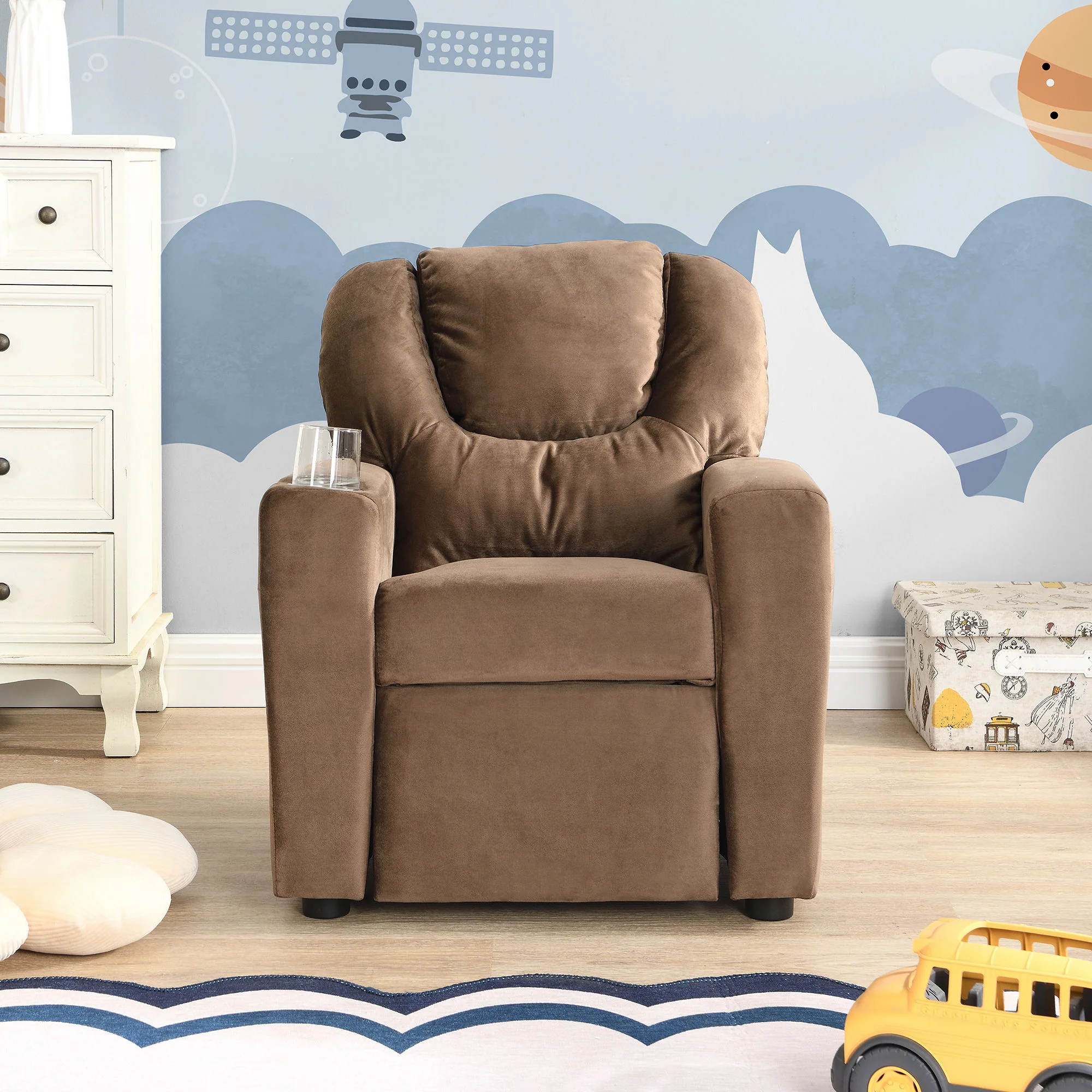 Kids Recliner Chair, Kids Upholstered Couch With Two Cup Holder, Footrest, Backrest, Toddlers Recliner With Headrest And Footrest - Black - Image 6