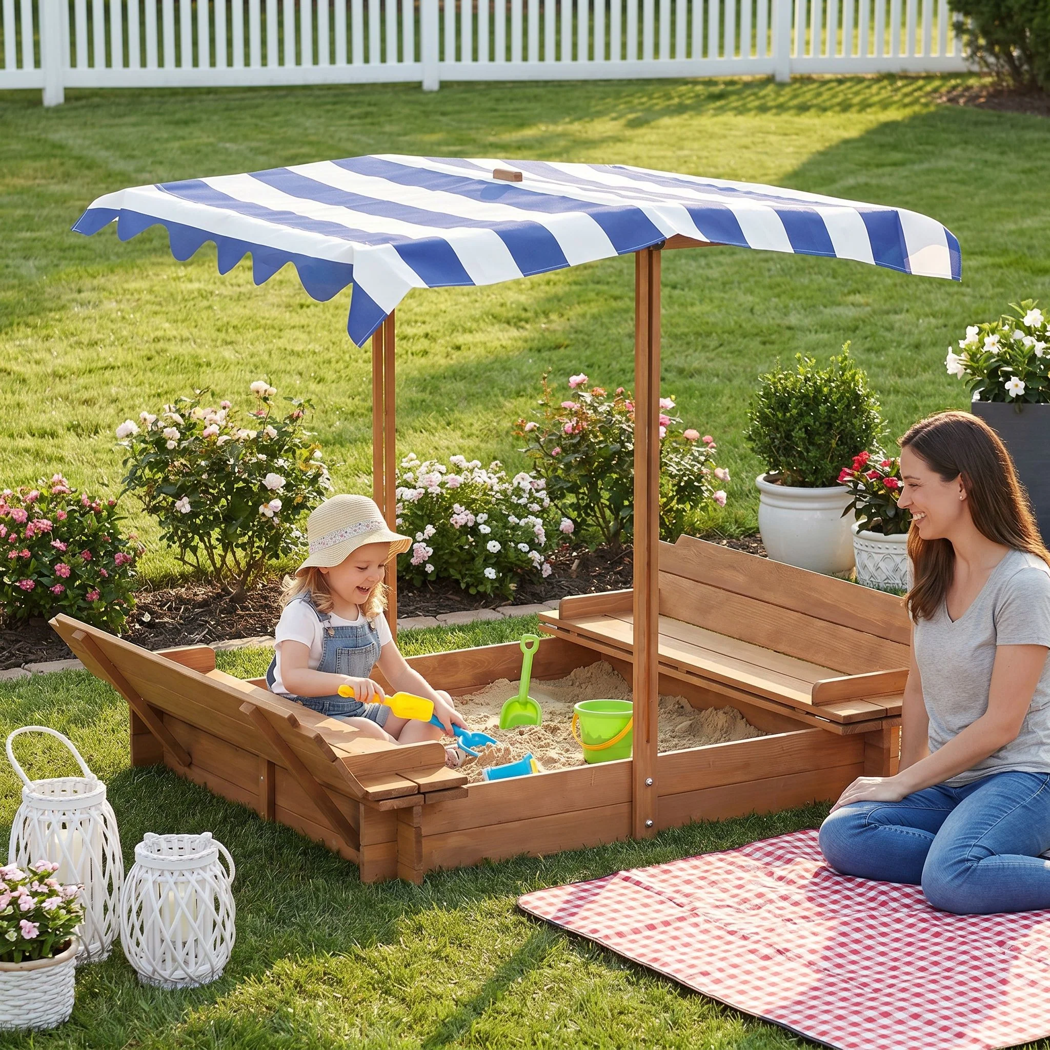 Kids Sandbox With Adjustable Cover, Sand Box With 2 Foldable Bench Seats, Outdoor Sandpit For Backyard Play - Light Brown - Image 7