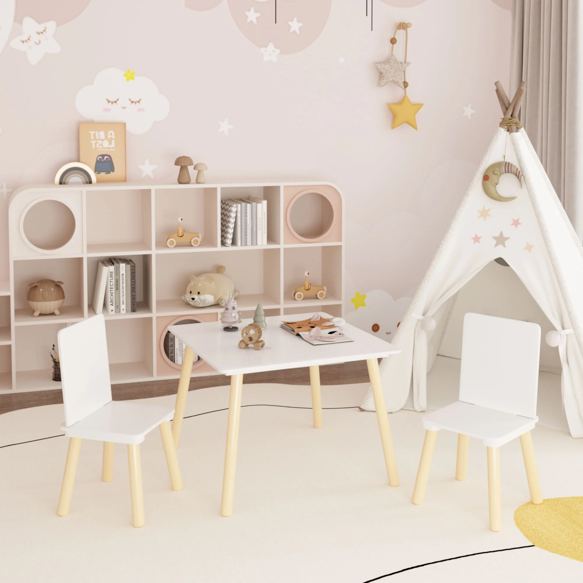 Kids Table And 2 Chairs Set, 3 Piece Toddler Activity Play - White - Image 3