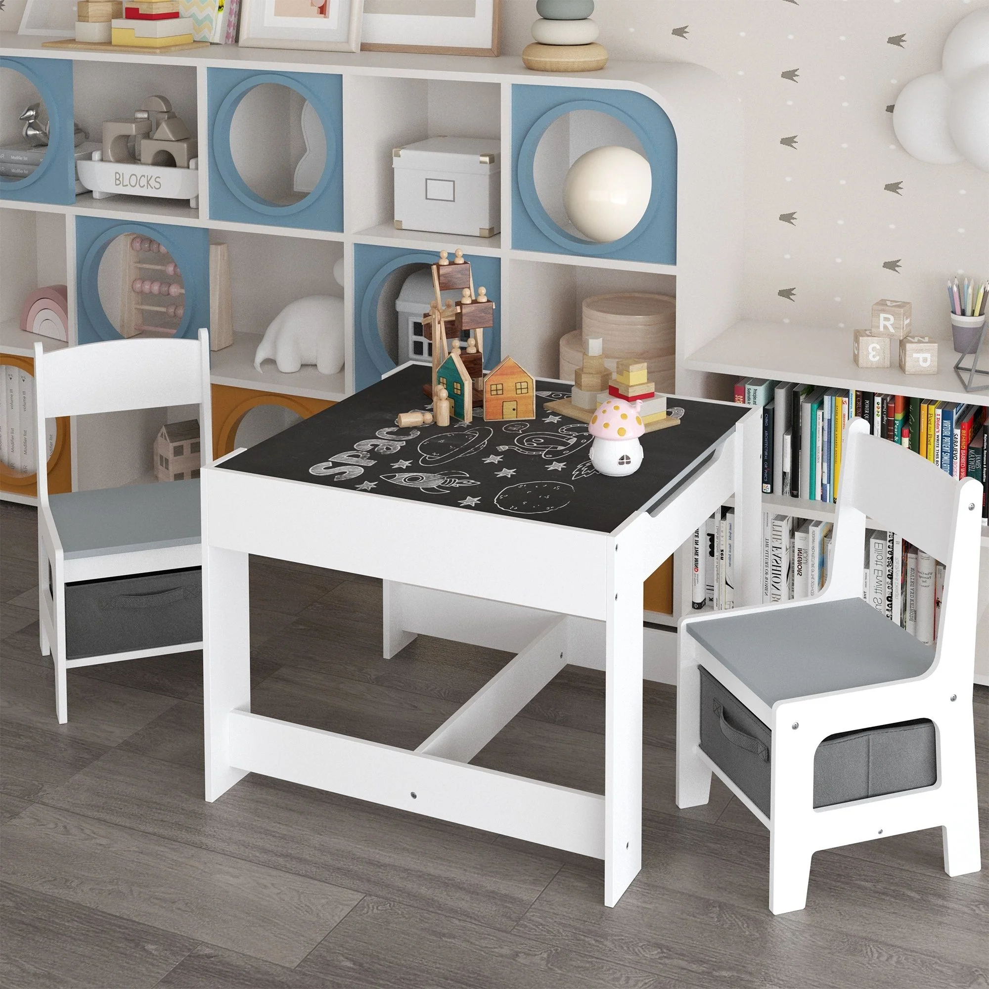 Kids Table And Chair Set, 3 In 1 Activity Table With Storage Drawer For Toddlers Drawing, Reading, Crafts, 2 In 1 Detachable Top - White - Image 2