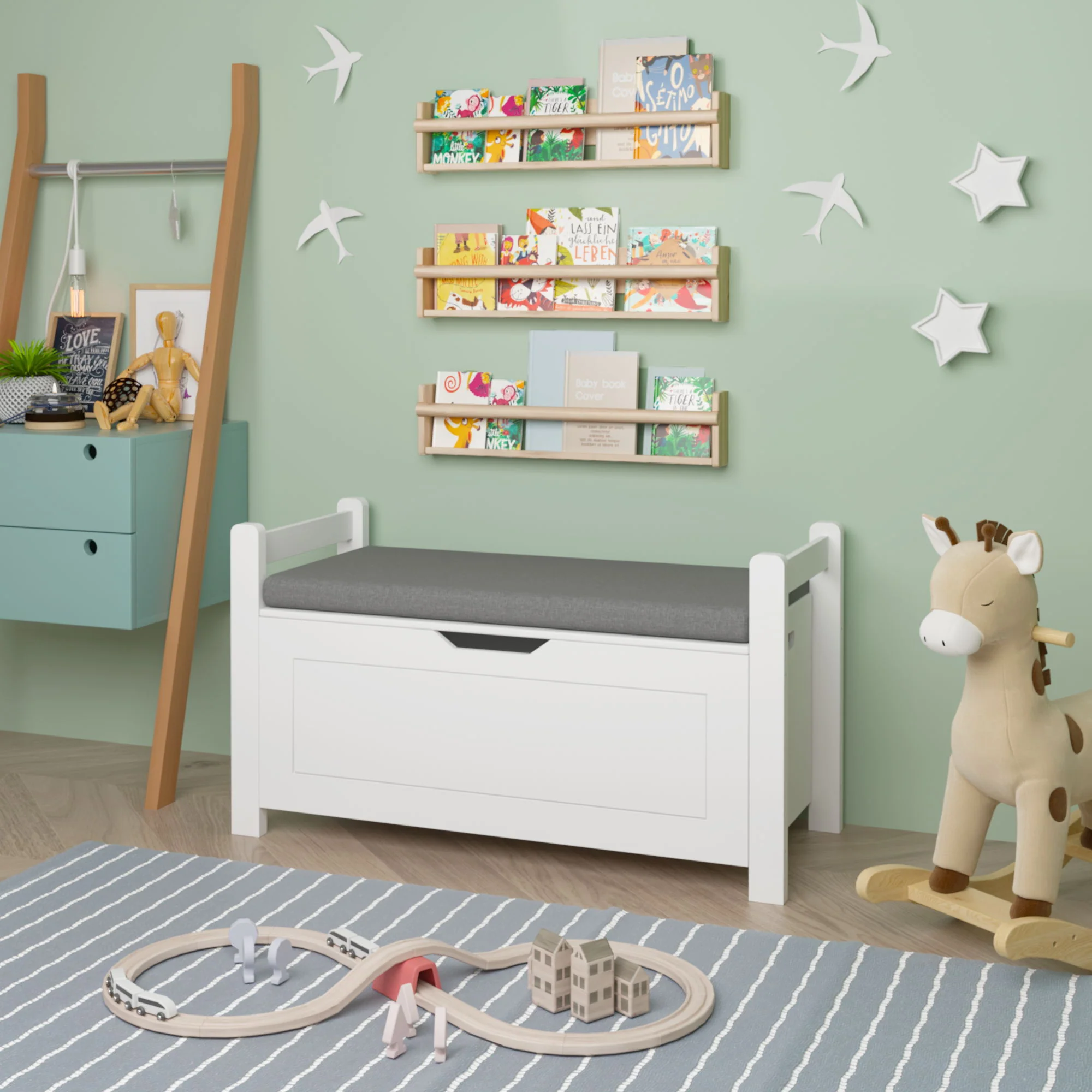 Kids Toy Box Chest Storage Cabinet With Cushion Seat Bench Flip Top Lid Safety Hinge - White - Image 3