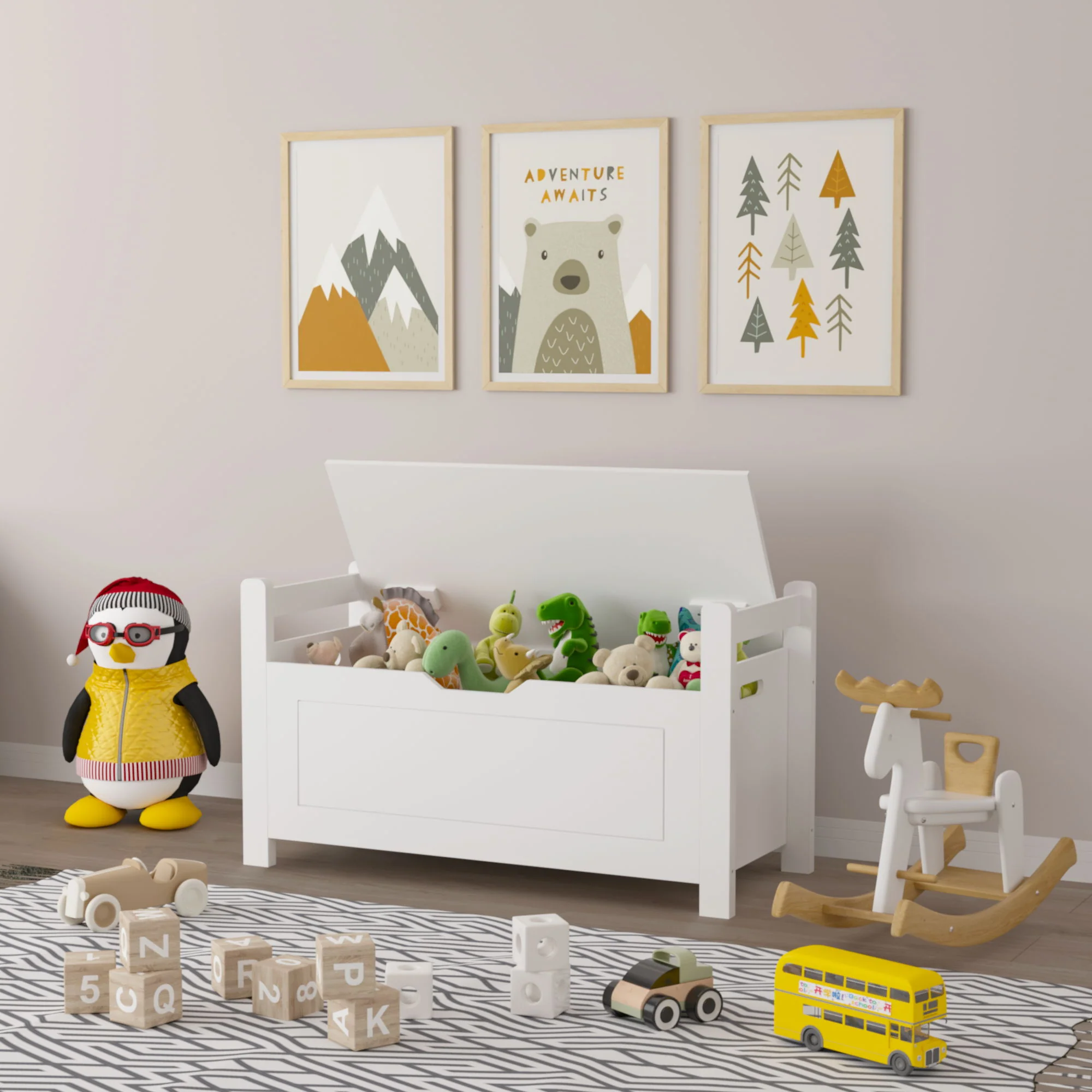 Kids Toy Box Chest Storage Cabinet With Cushion Seat Bench Flip Top Lid Safety Hinge - White - Image 7