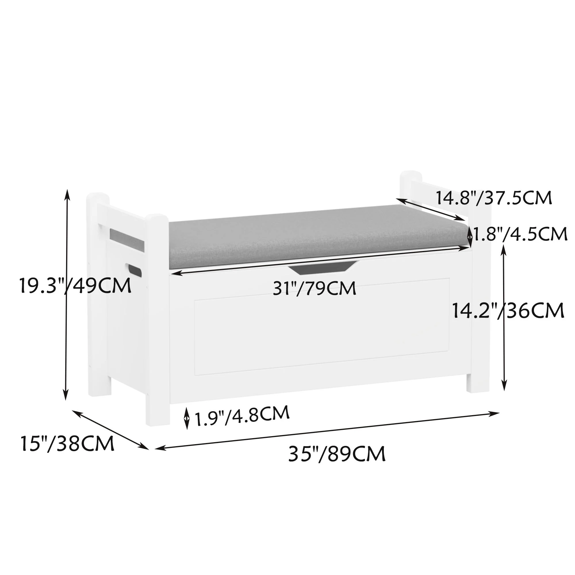 Kids Toy Box Chest Storage Cabinet With Cushion Seat Bench Flip Top Lid Safety Hinge - White - Image 9