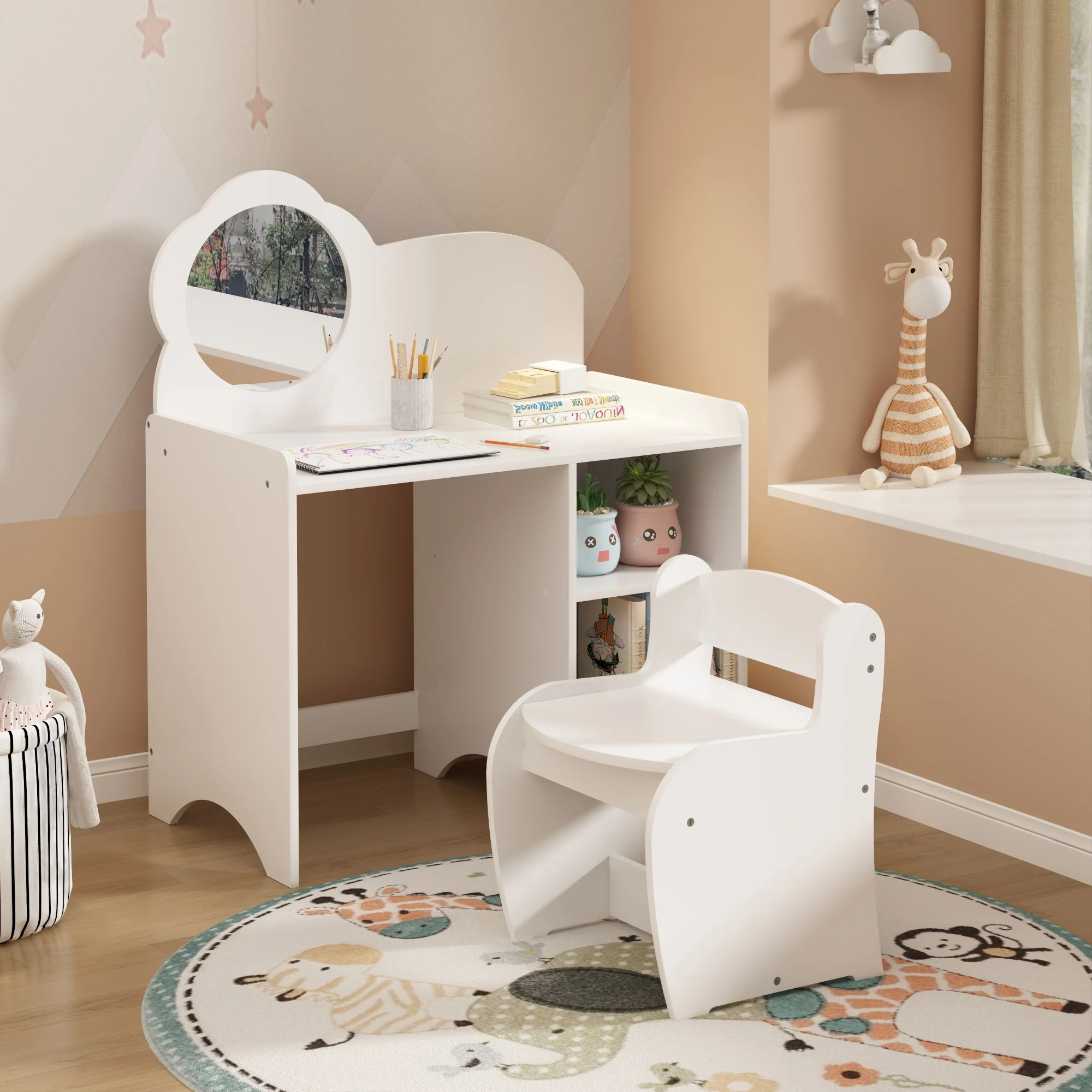 Kids Vanity Table With Mirror And Chair, Dressing Makeup Desk With Storage Shelves - White - Image 7