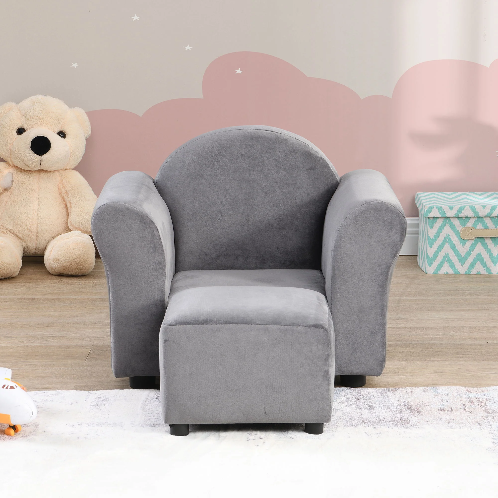 Kids Velvet Upholstered Chair With Ottoman For Comfortable Seating - Gray - Image 2