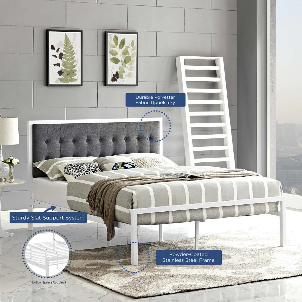 King Tufted Button Fabric and Steel Platform Bed in White Gray - Image 2