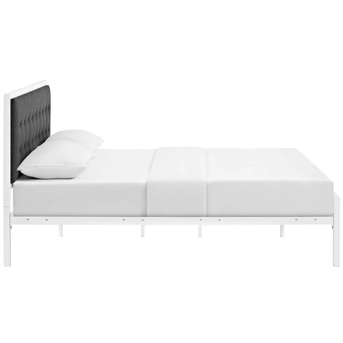 King Tufted Button Fabric and Steel Platform Bed in White Gray - Image 4