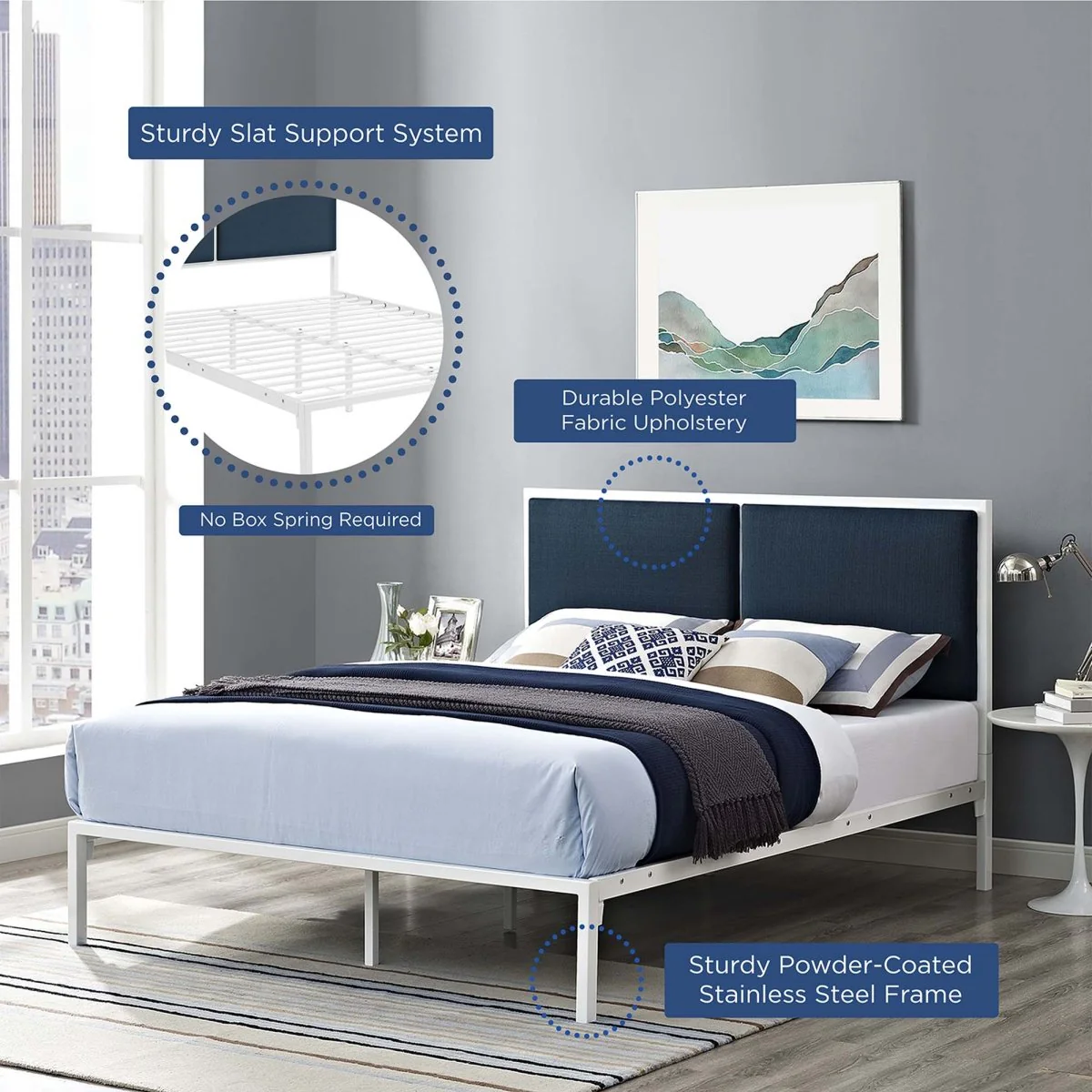 King Upholstered Fabric and Steel Platform Bed - Image 2