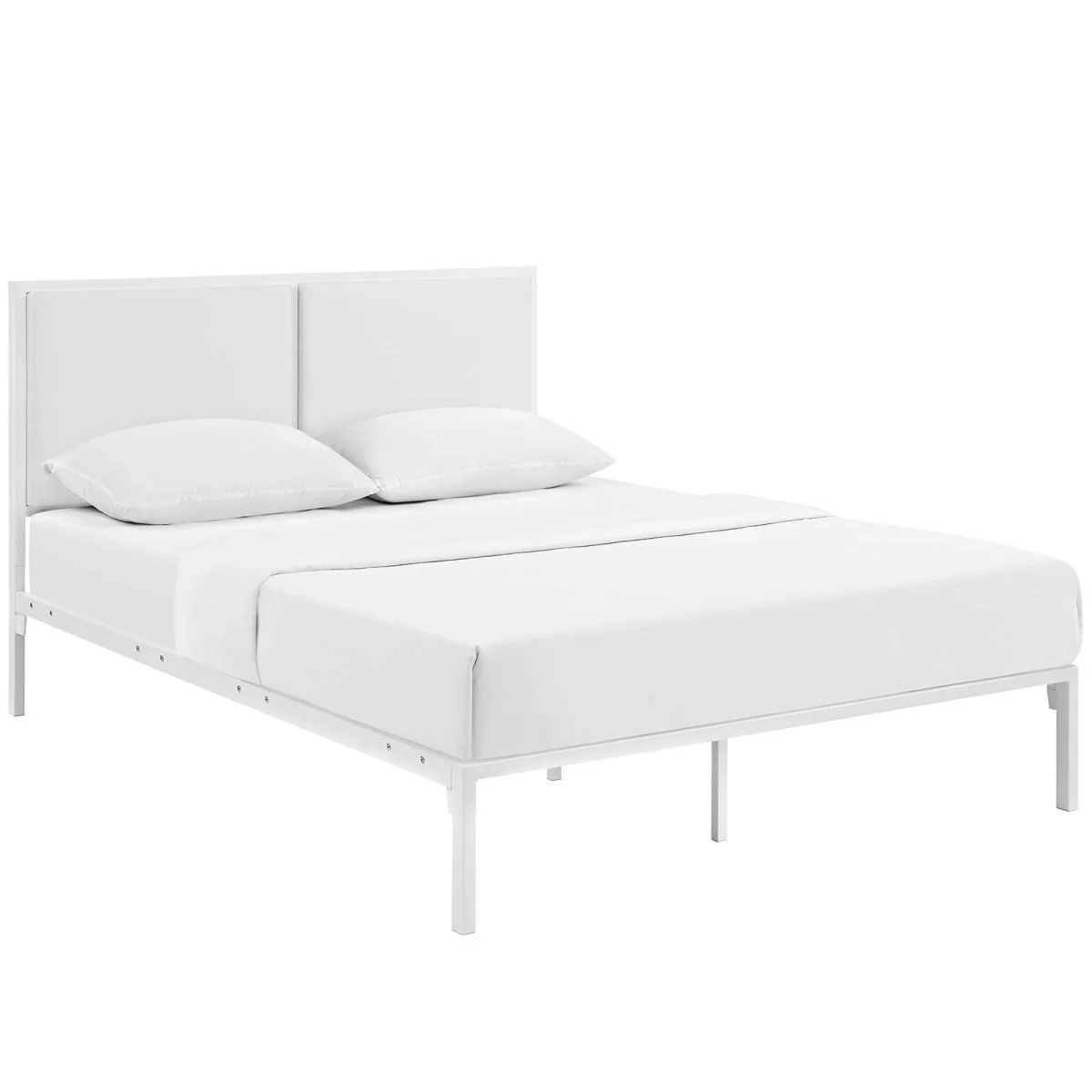 King Upholstered Vinyl and Steel Platform Bed in White