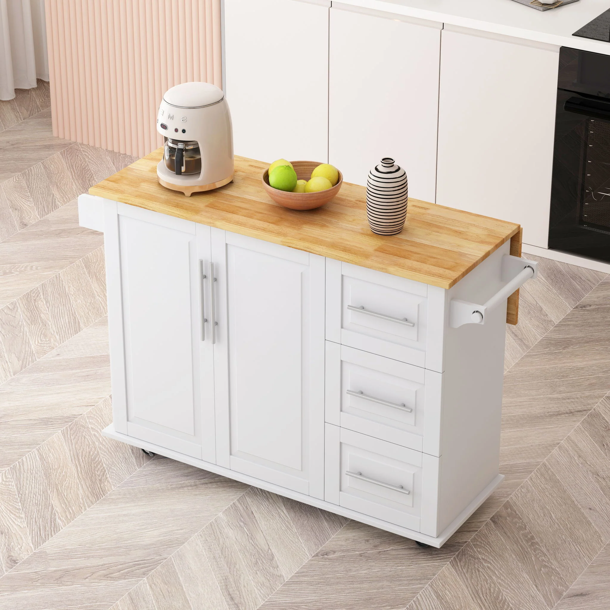 Kitchen Island Cart With 2 Door Cabinet, 3 Drawers, Spice Rack & Towel Rack - White - Image 5
