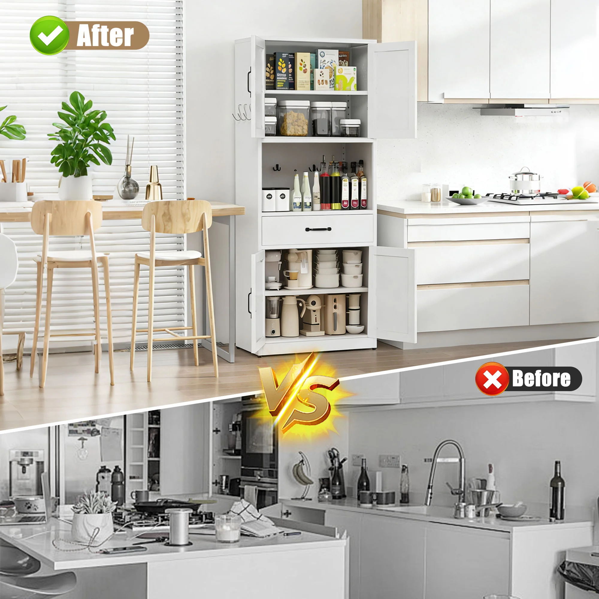 Kitchen Pantry Cabinet With Adjustable Shelves, Drawers, Hooks And Large Countertop - White - Image 2