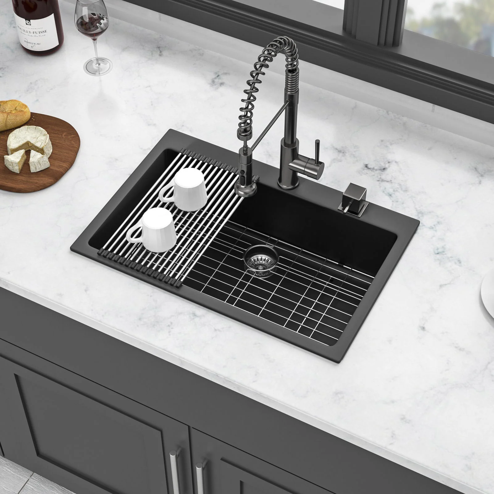 Kitchen Sink Granite Composite Drop In Sink With Durable Material - Black - Image 5