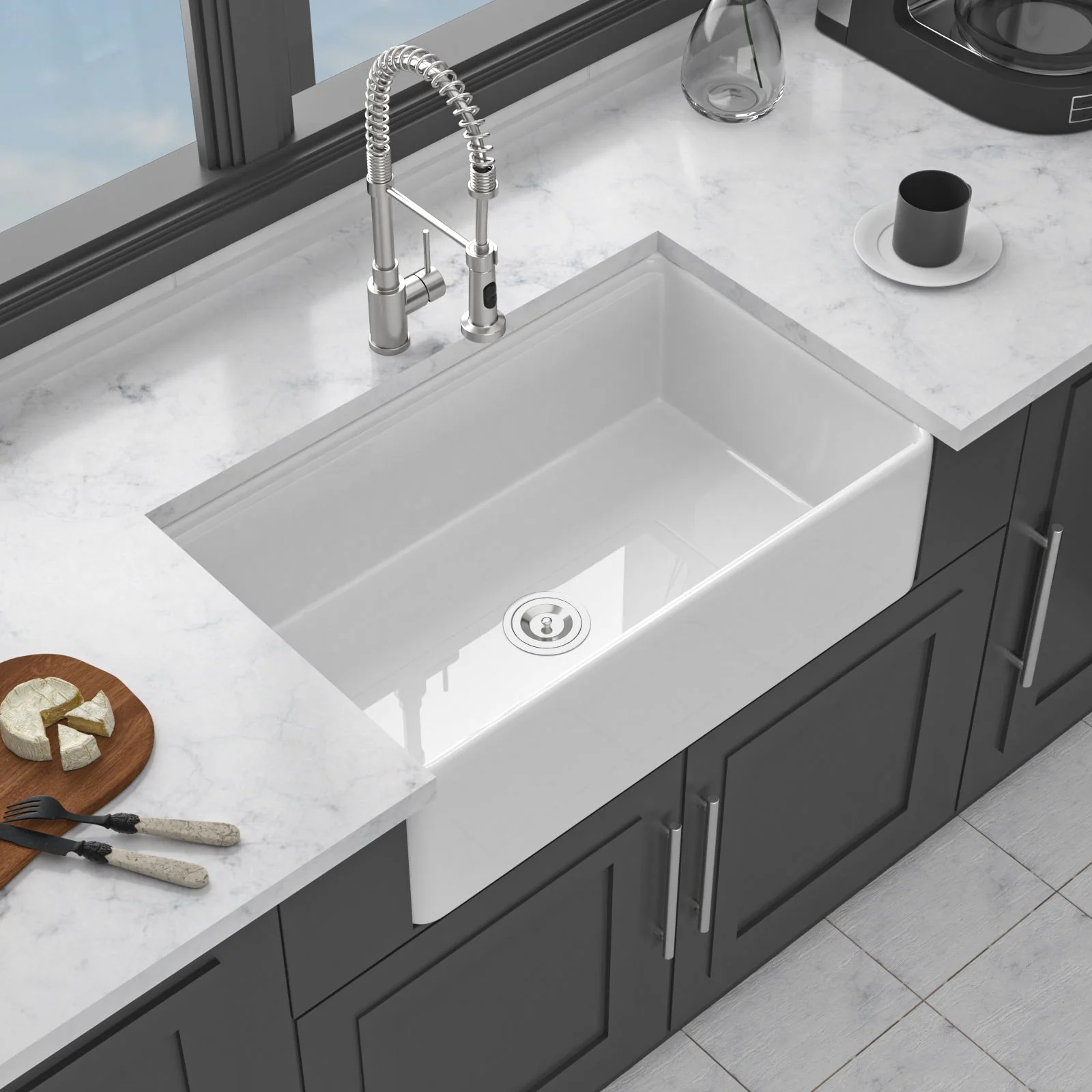Kitchen Sink Workstation 33" Single Bowl Sink With Work Surface - White - Image 6