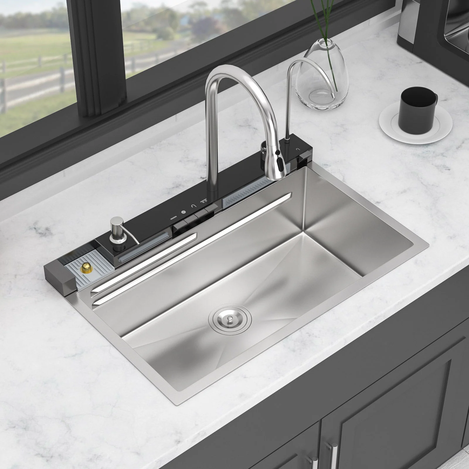 Kitchen Waterfall Sink Single Bowl With LED Faucet, Ledge Workstation, And Multi Function Pull Out Spray - Brushed Nickel - Image 8