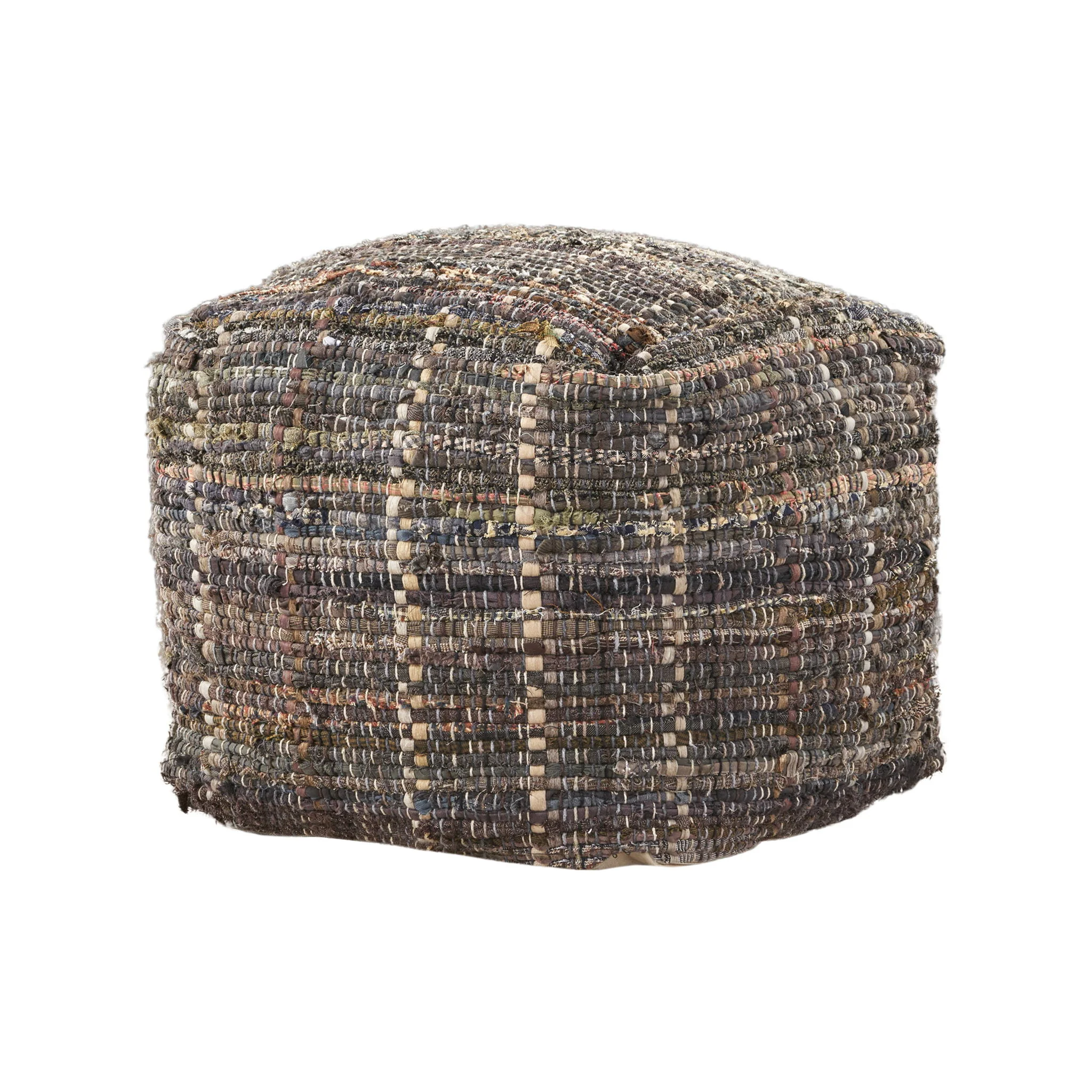Koki - Handcrafted Fabric Pouf Recycled Denim And Paper Chindi - Khaki - Image 3