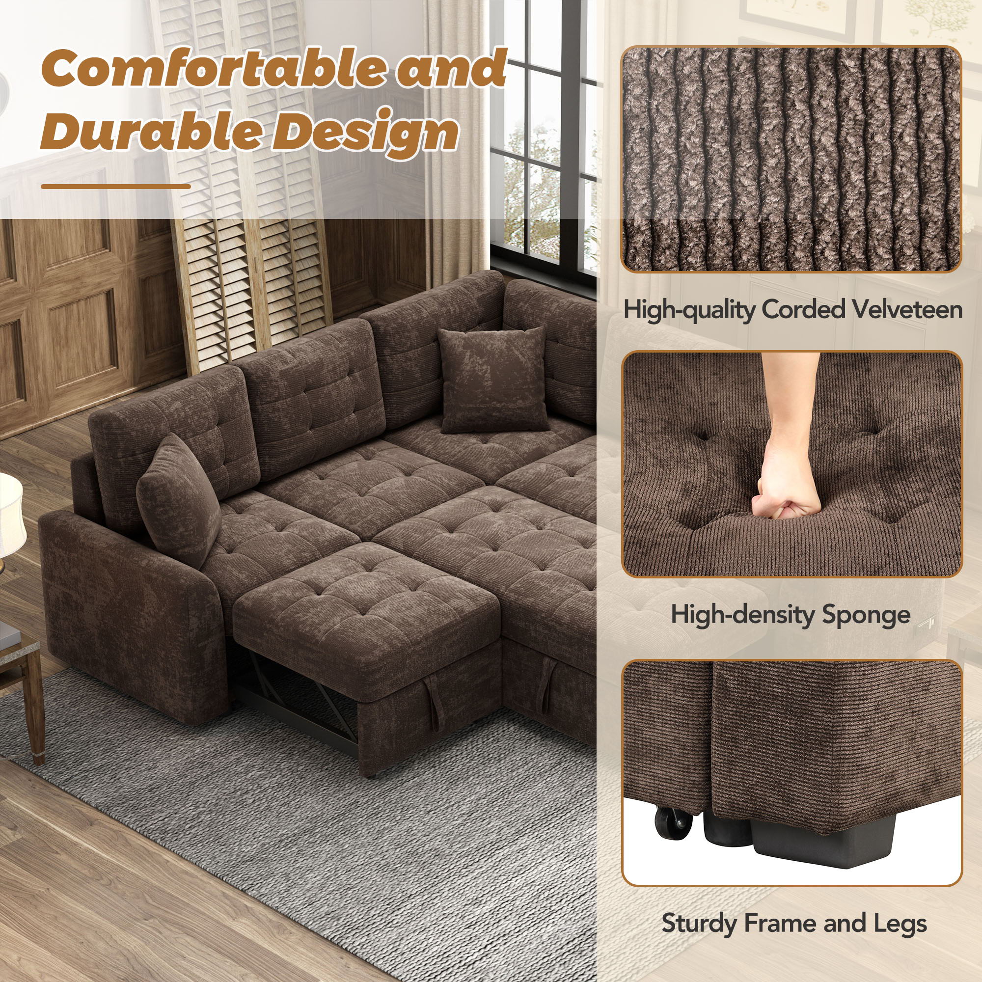 L-Shape Sofa Bed Pull-Out Sleeper Sofa With Wheels, USB Ports, Power Sockets For Living Room - Image 5