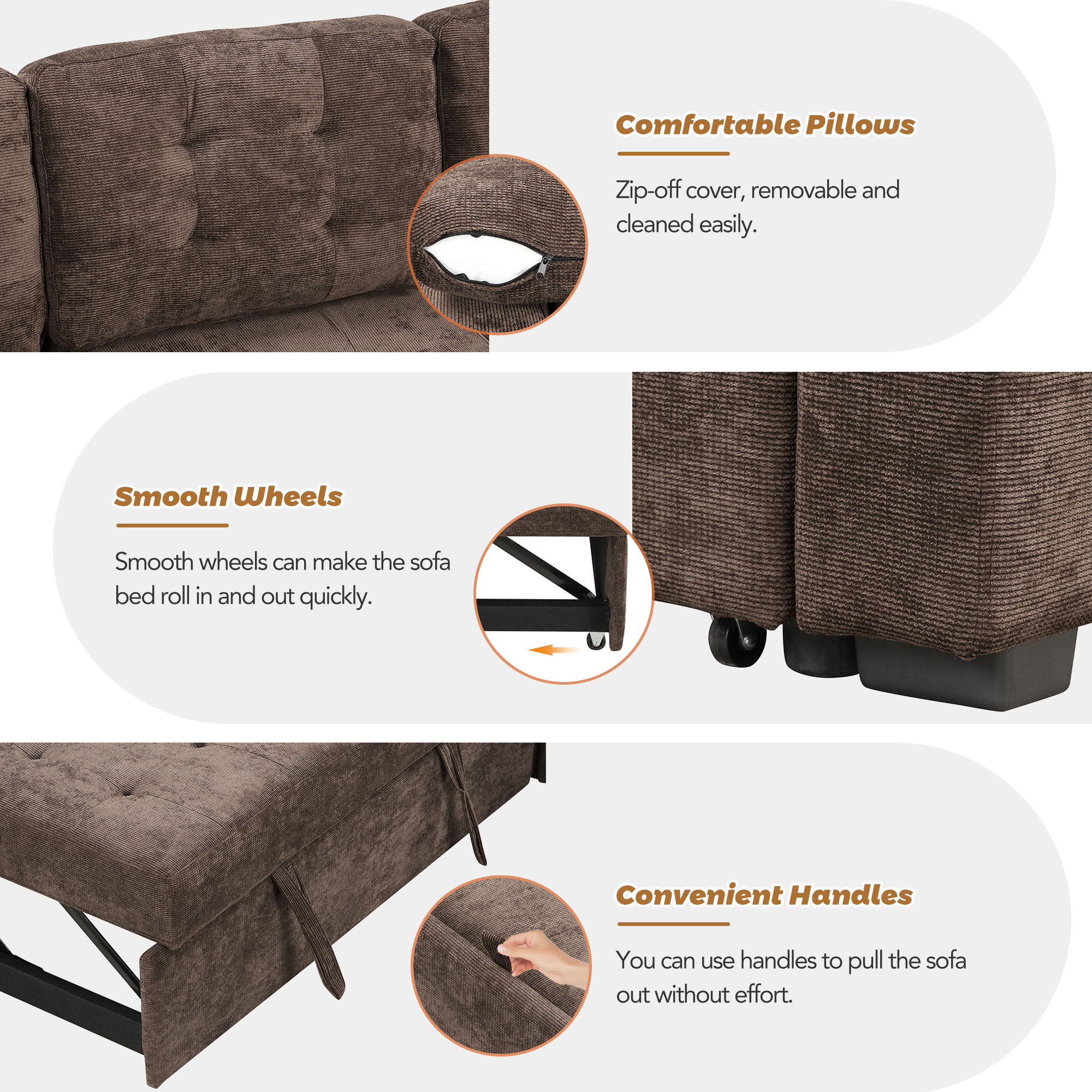 L-Shape Sofa Bed Pull-Out Sleeper Sofa With Wheels, USB Ports, Power Sockets For Living Room - Image 8