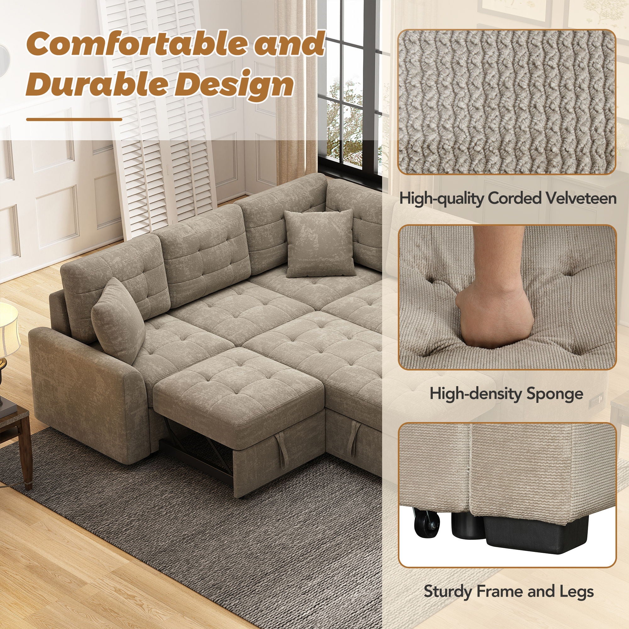 L-Shape Sofa Bed Pull-Out Sleeper Sofa With Wheels, USB Ports, Power Sockets For Living Room - Image 9