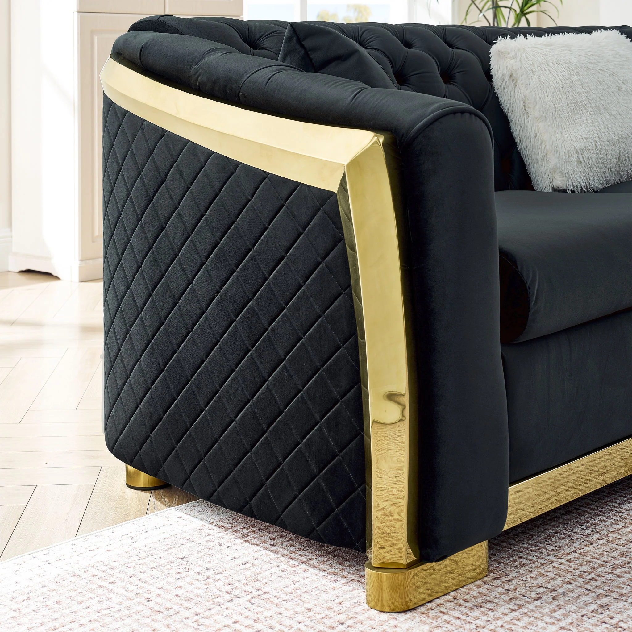 L Shaped Chesterfield Sectional Sofa With Stainless Steel Accents - Image 17