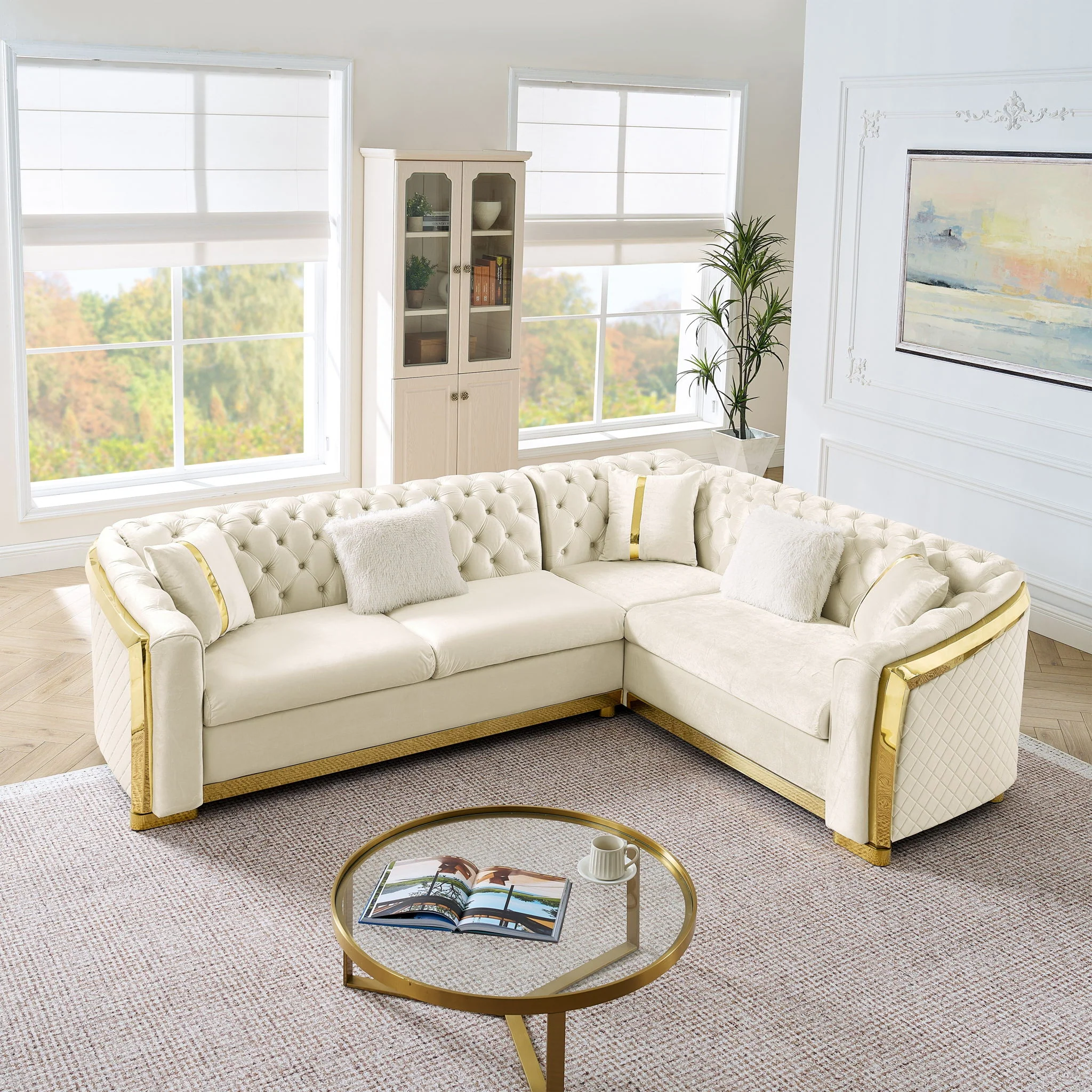 L Shaped Chesterfield Sectional Sofa With Stainless Steel Accents - Image 4