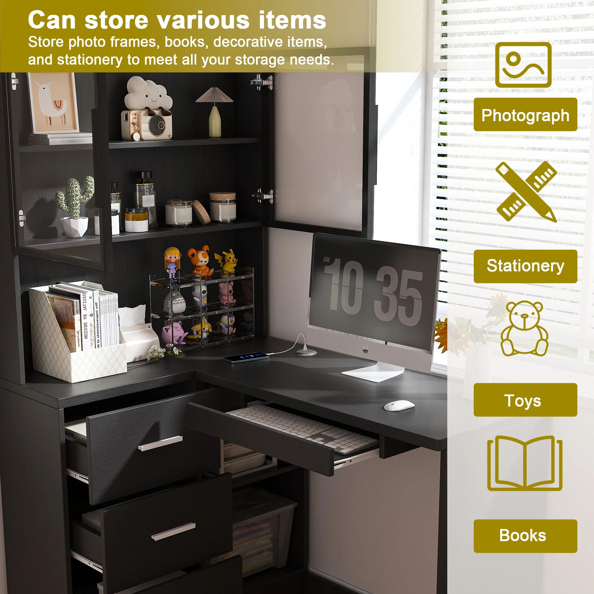 L-Shaped Computer Desk With Glass Cabinets, Built In LED Lights, USB Charging Ports - Image 12